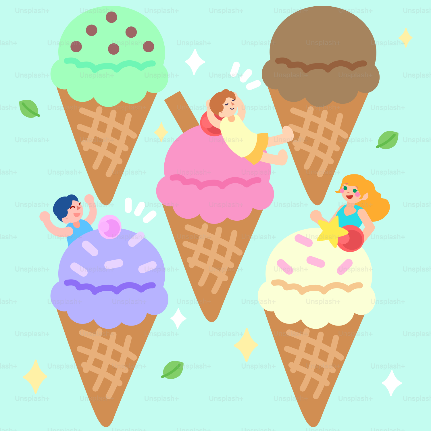 Kids are playing on giant ice cream cones.
