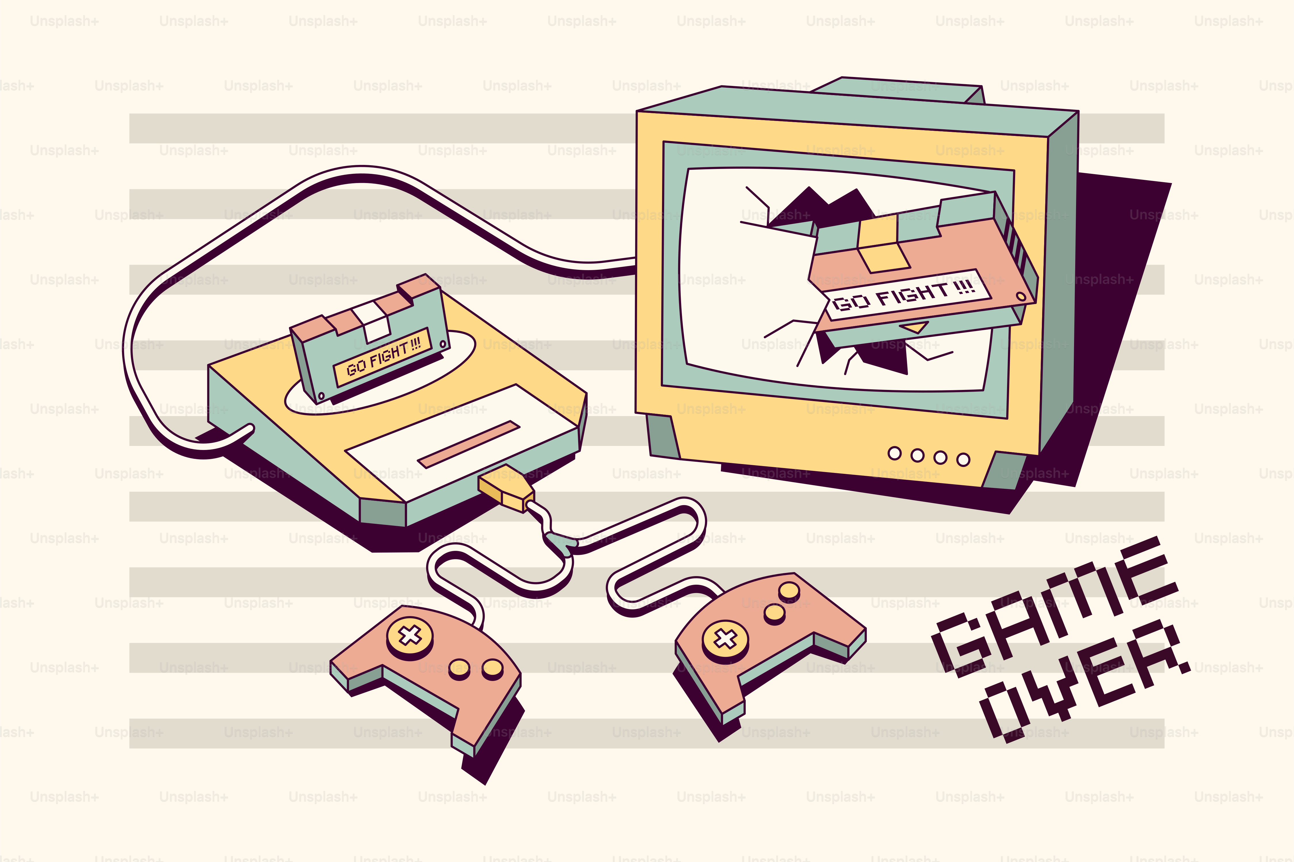 Retro gaming console, television, and game over message.