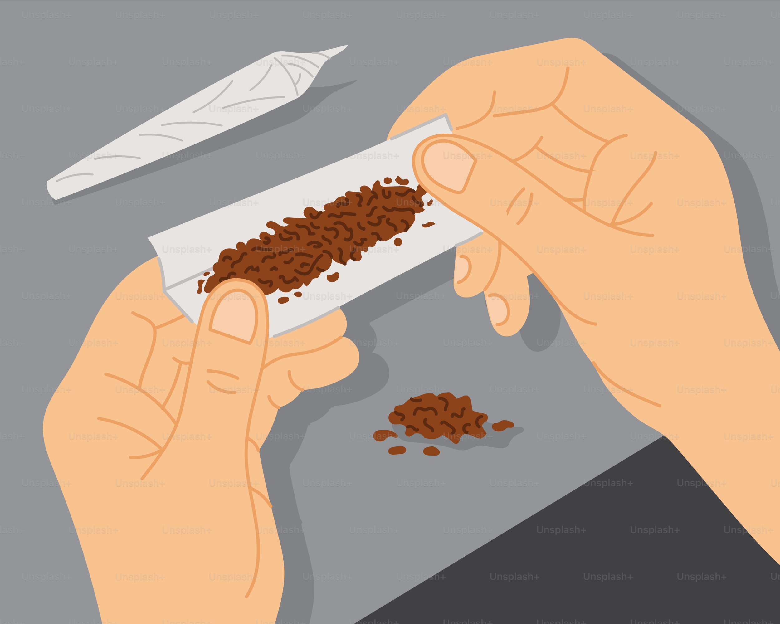 Hands are rolling a cigarette with tobacco.