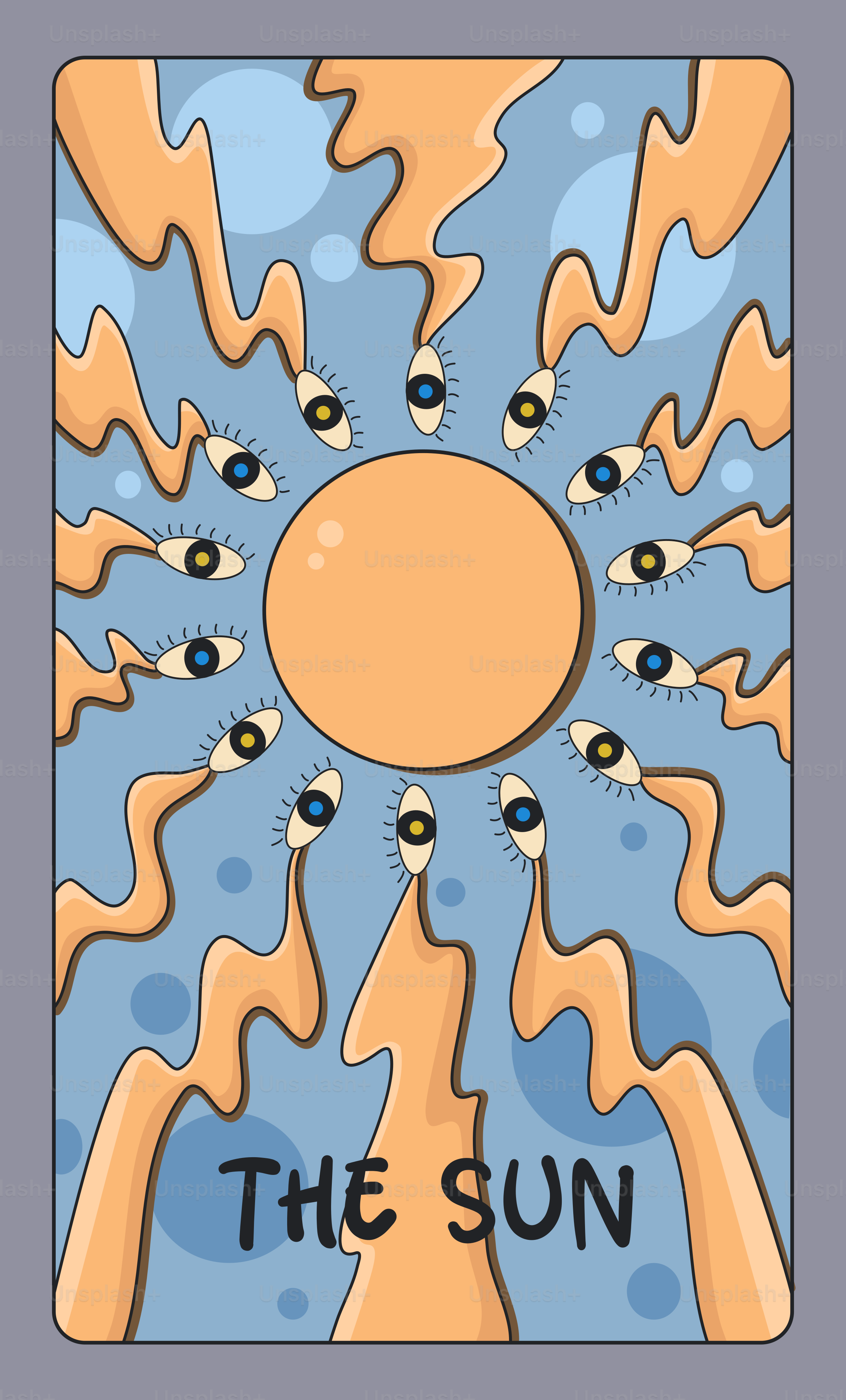 La carte du tarot du soleil avec des yeux et des vagues.