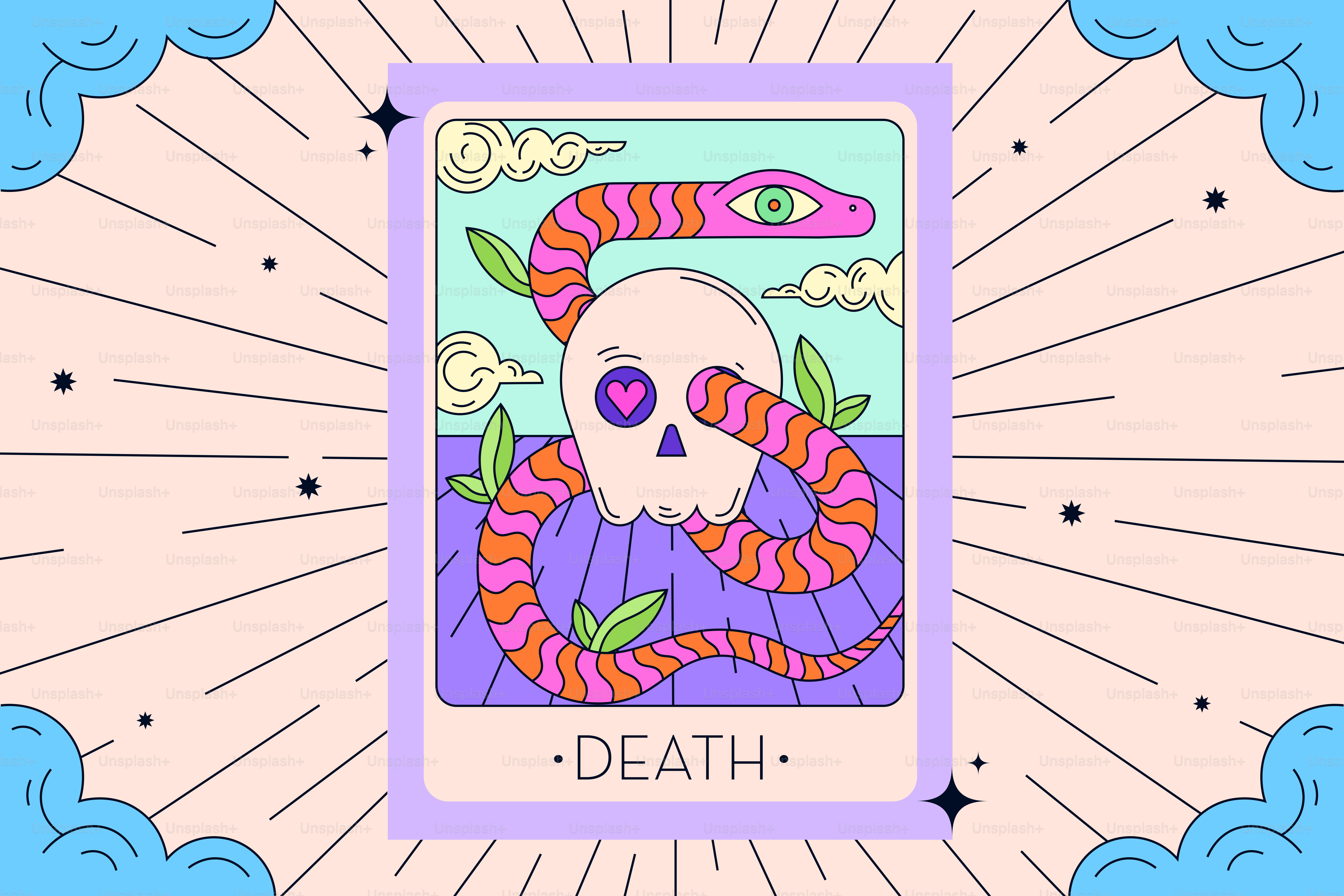 A tarot card depicting death, a skull, and a snake.