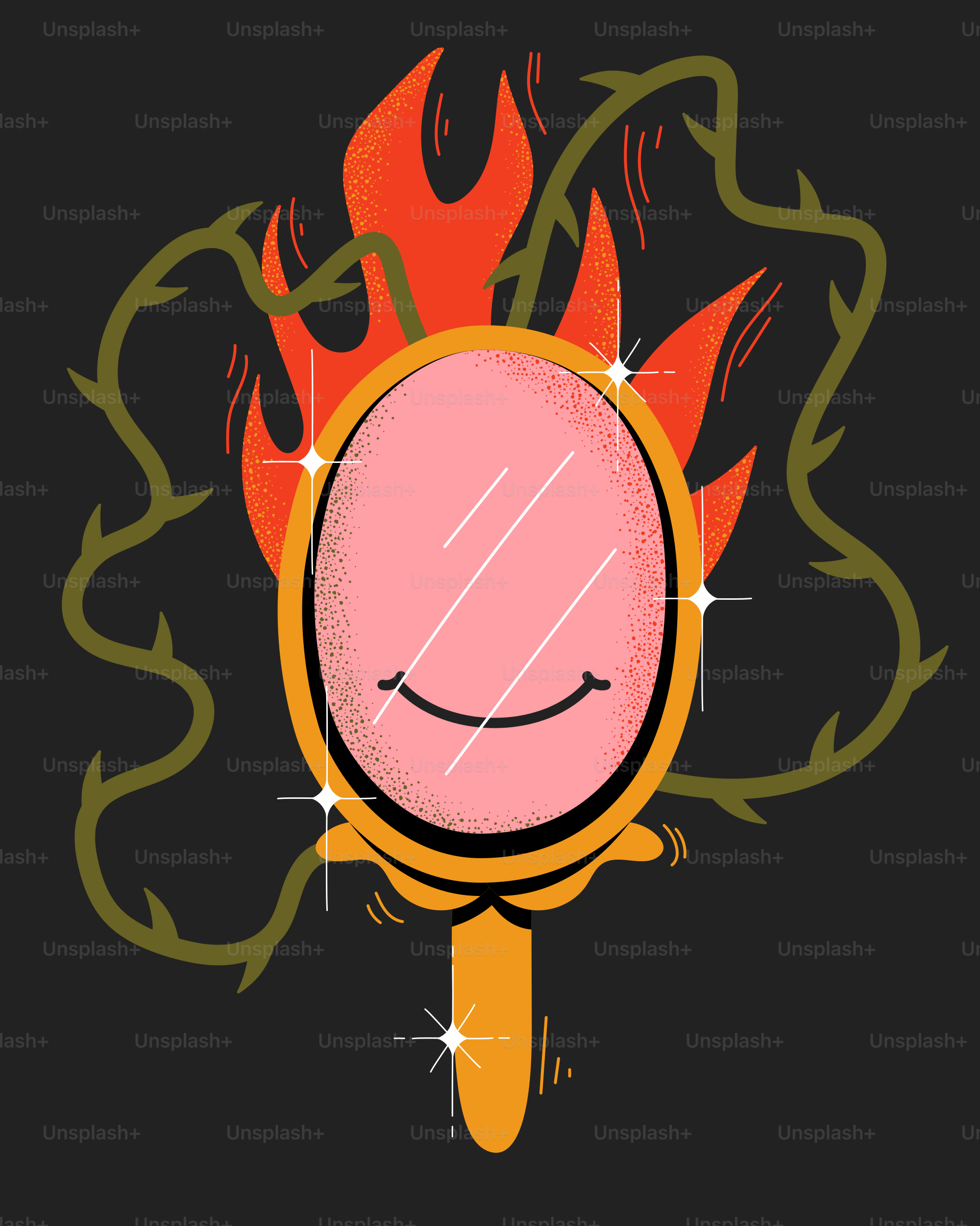 A mirror is surrounded by fire and vines.