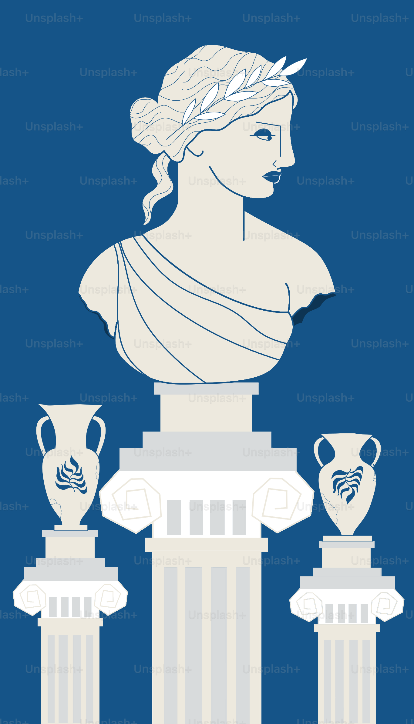 Eine griechische Büste und Vasen stehen auf Säulen.