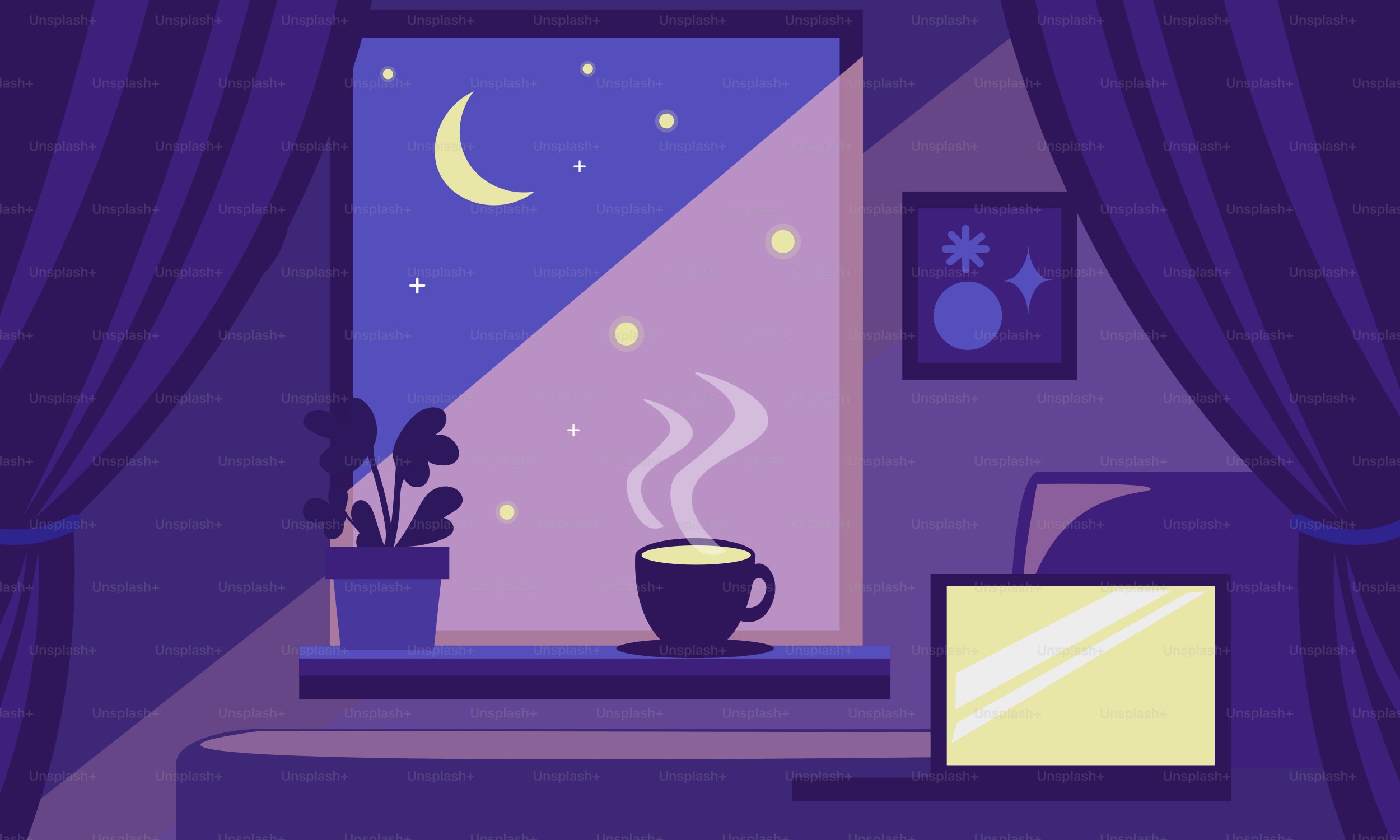 Pemandangan malam yang nyaman dengan bulan dan kopi yang mengepul.