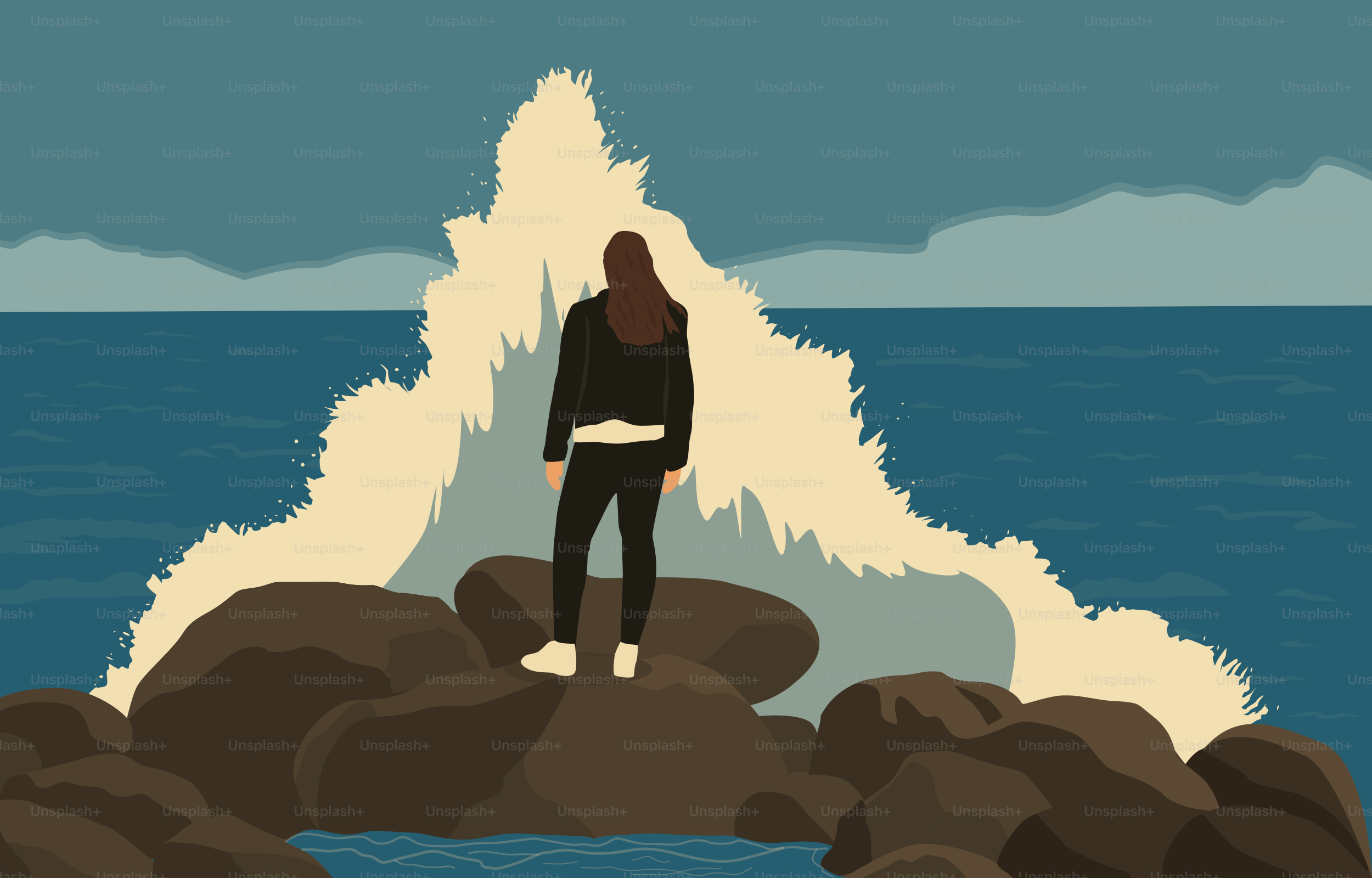 A person stands before a crashing wave.