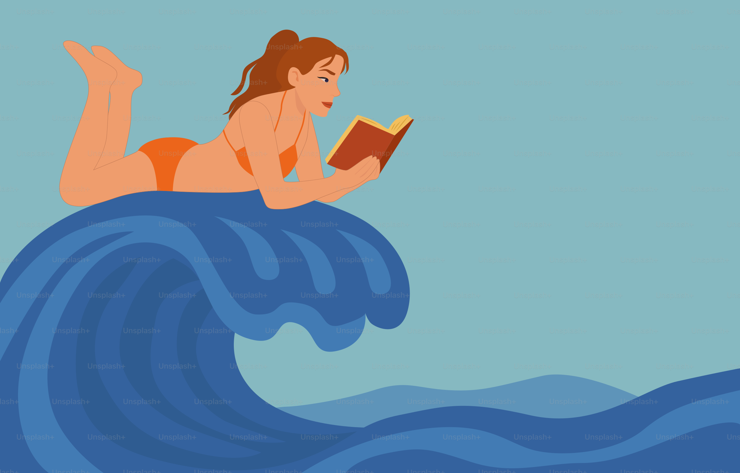Woman reads on a wave during summer.