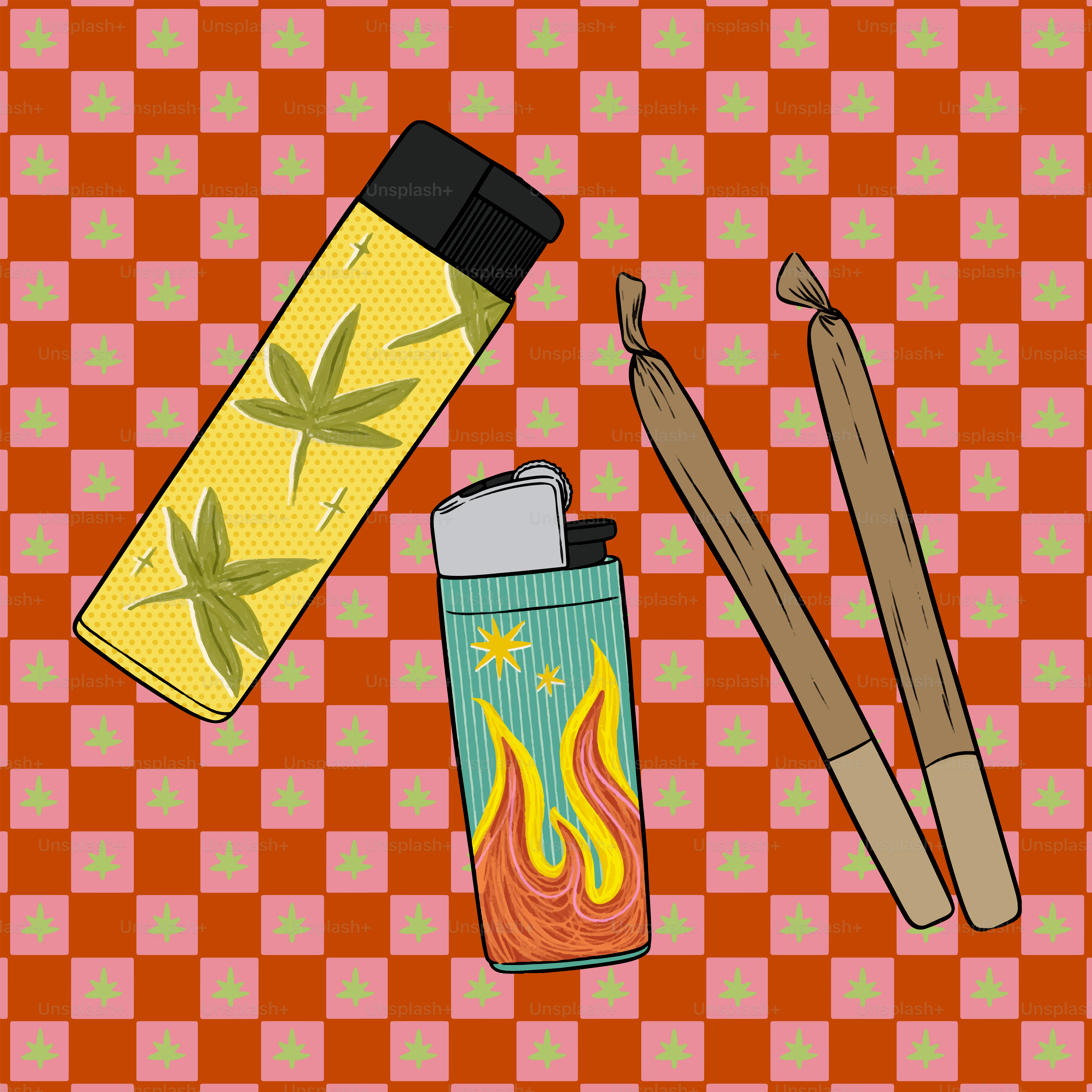 Lighters and joints on a colorful, checkered background.
