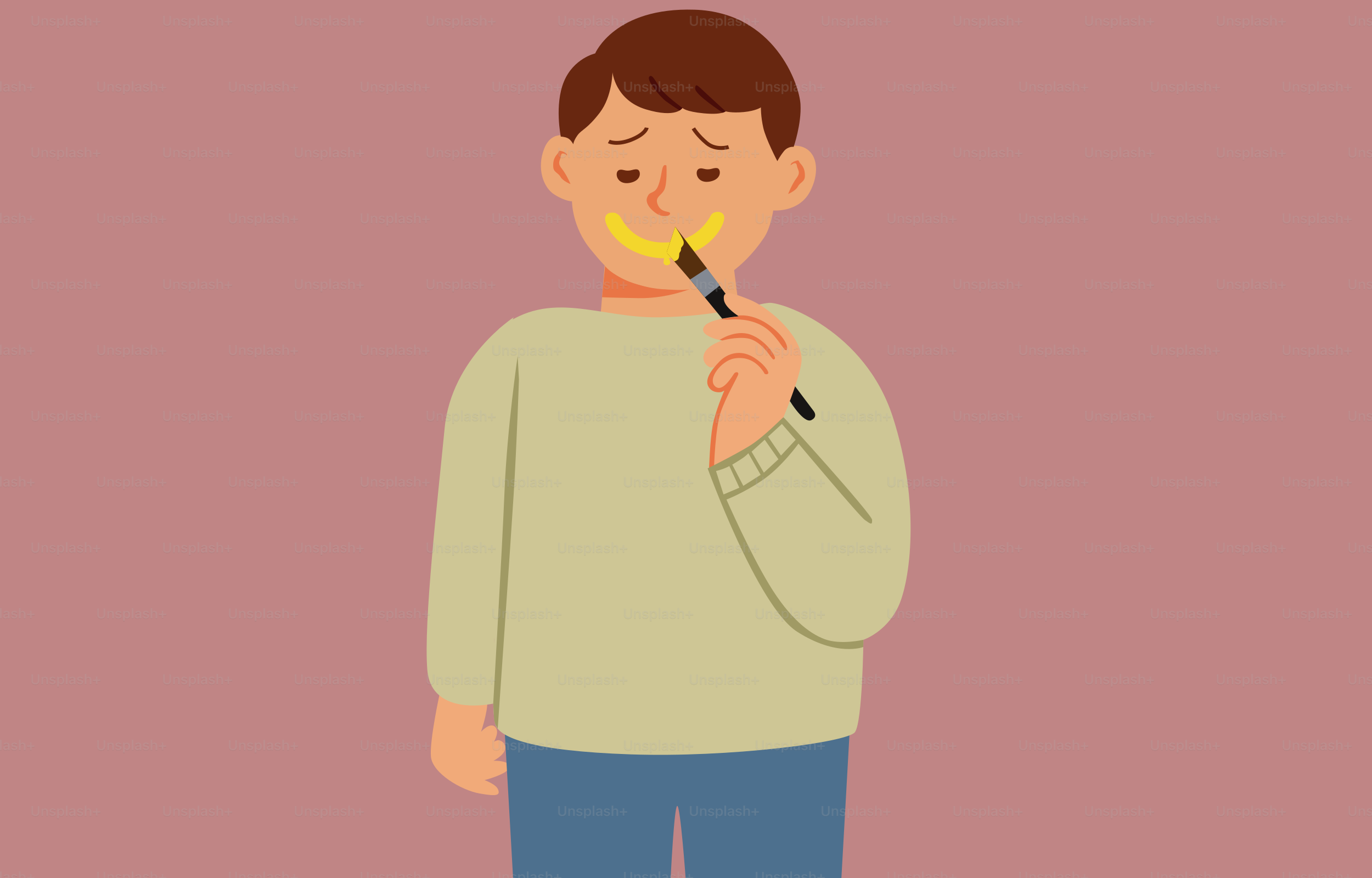 A sad person is painting a smile on their face.