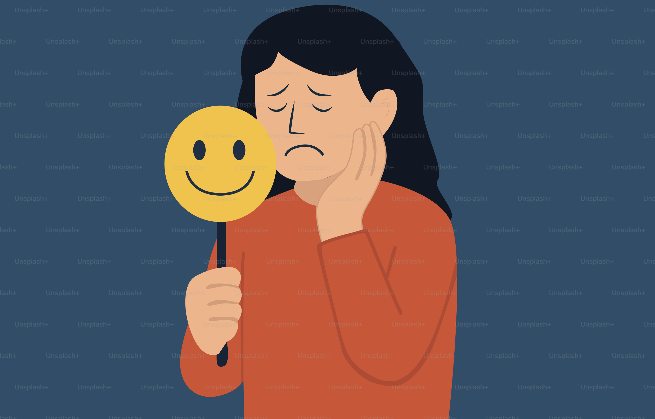 Woman hiding her sadness behind a smiling mask.