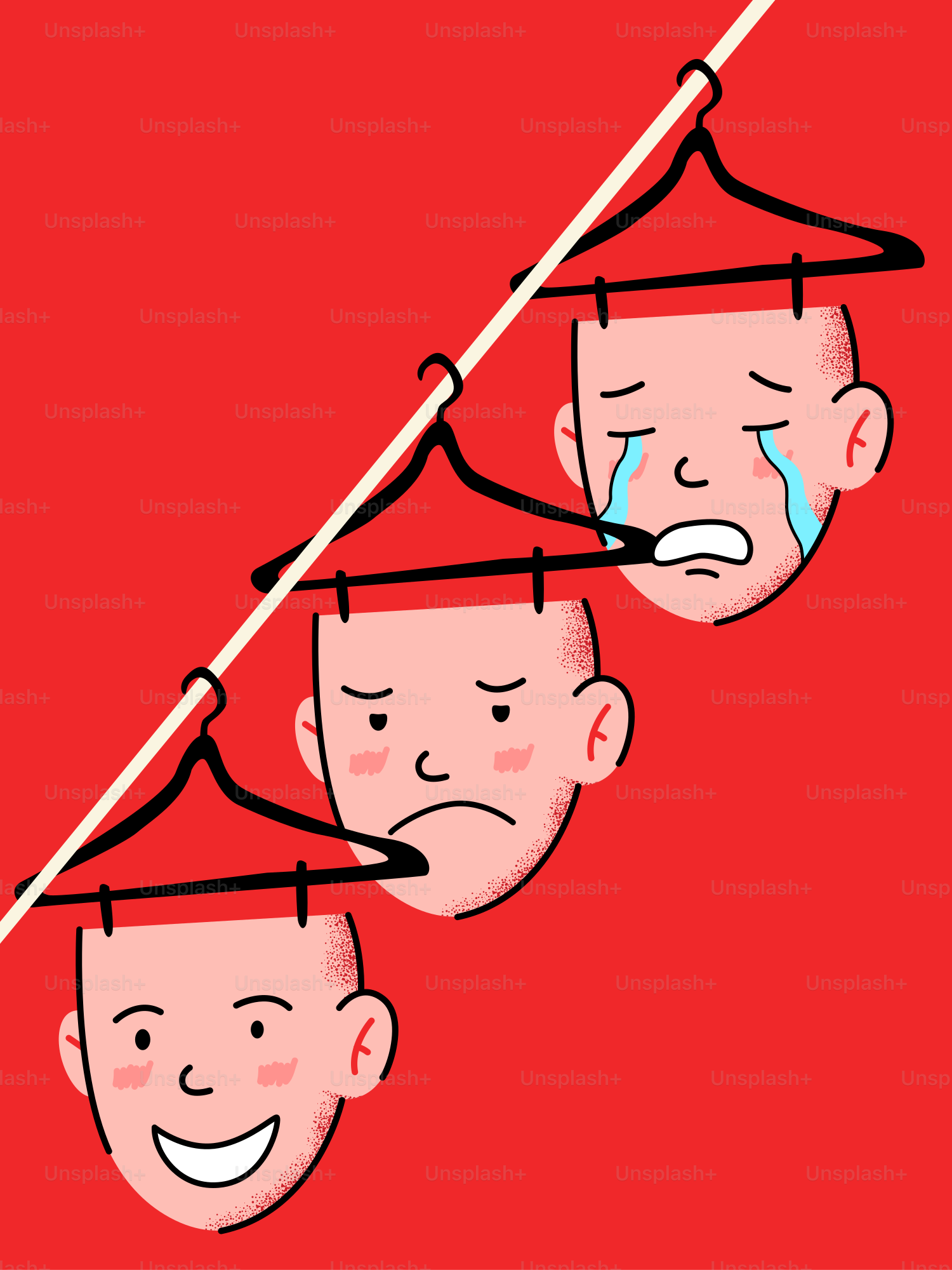 Faces hang on hangers, depicting various emotions.