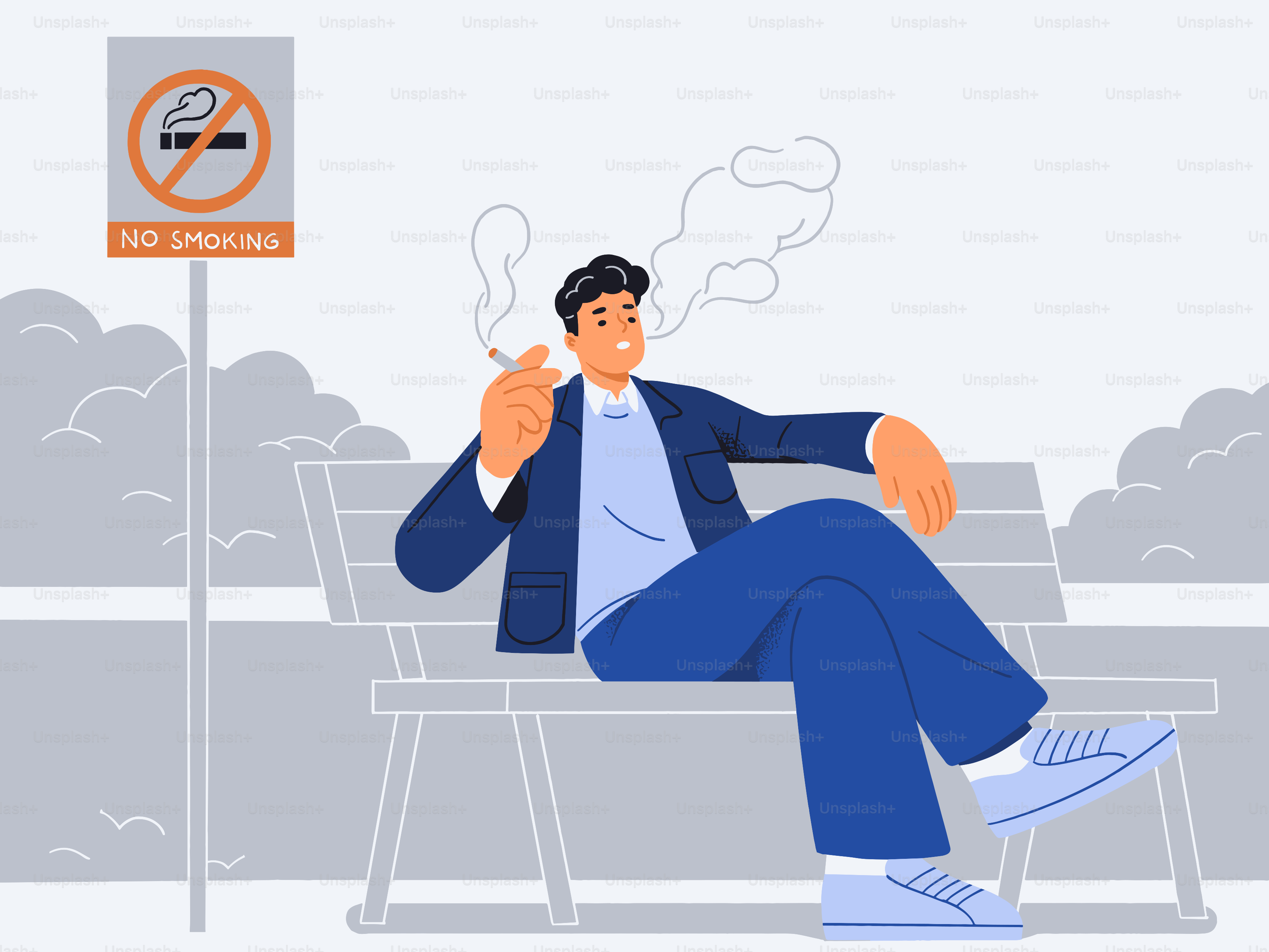 Man is smoking despite the no-smoking sign.