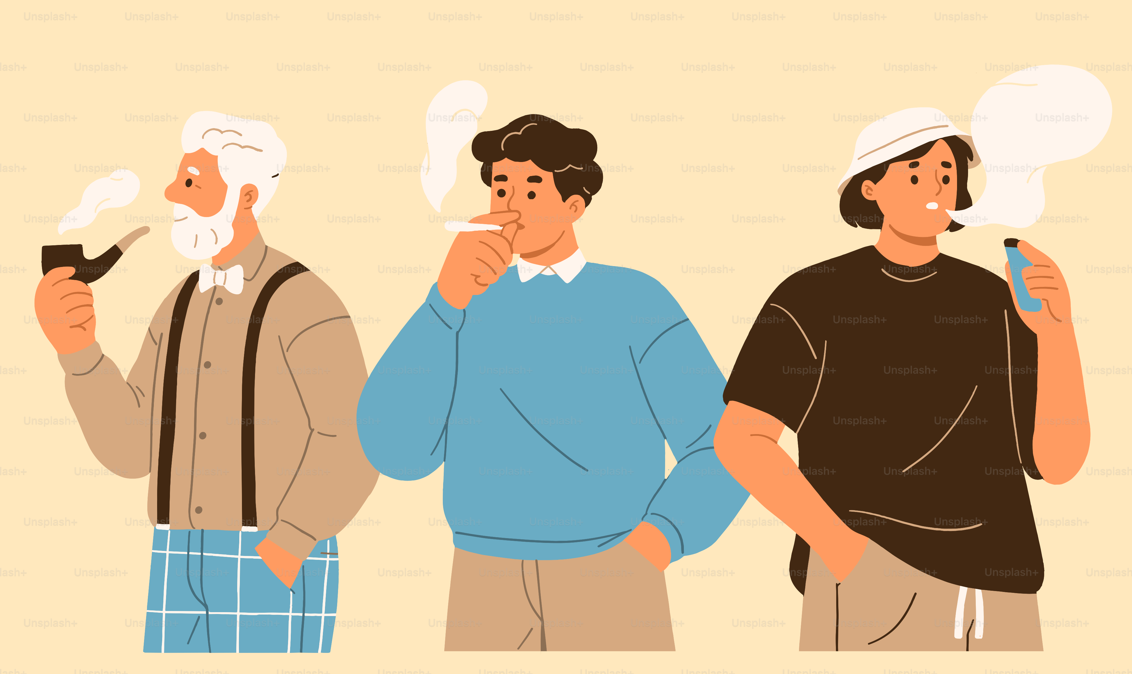Three people are shown smoking pipes.