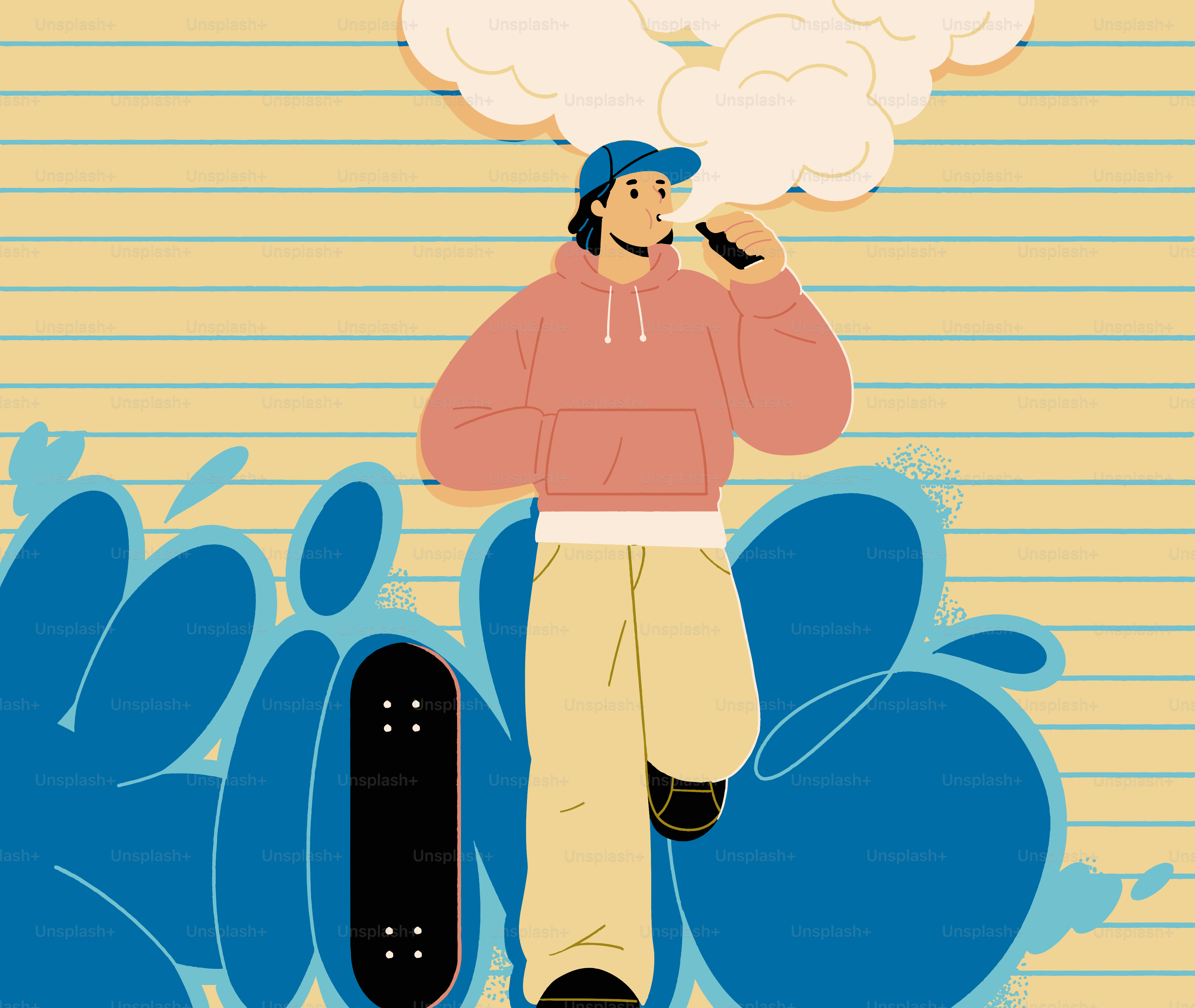 Person vaping with a skateboard and graffiti background.