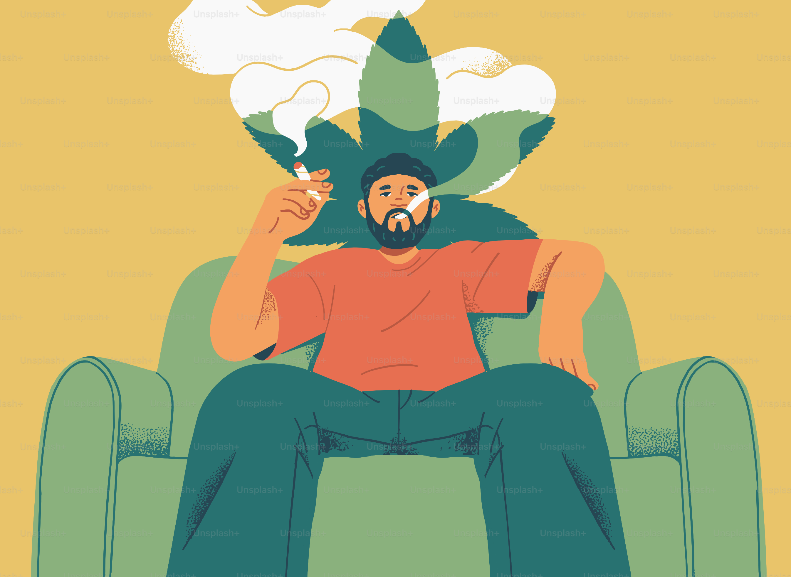 Man smokes a joint with a weed leaf overlay.