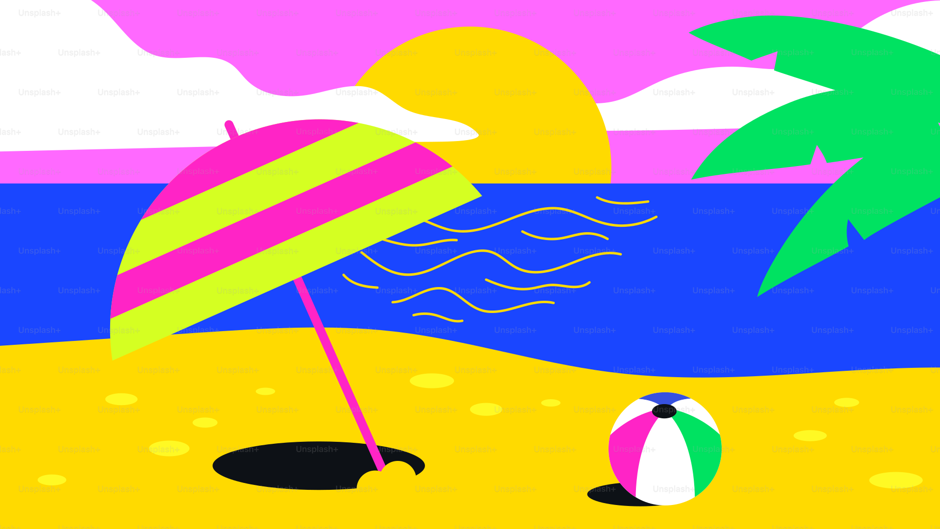 Scène de plage avec parasol, ballon de plage et soleil.