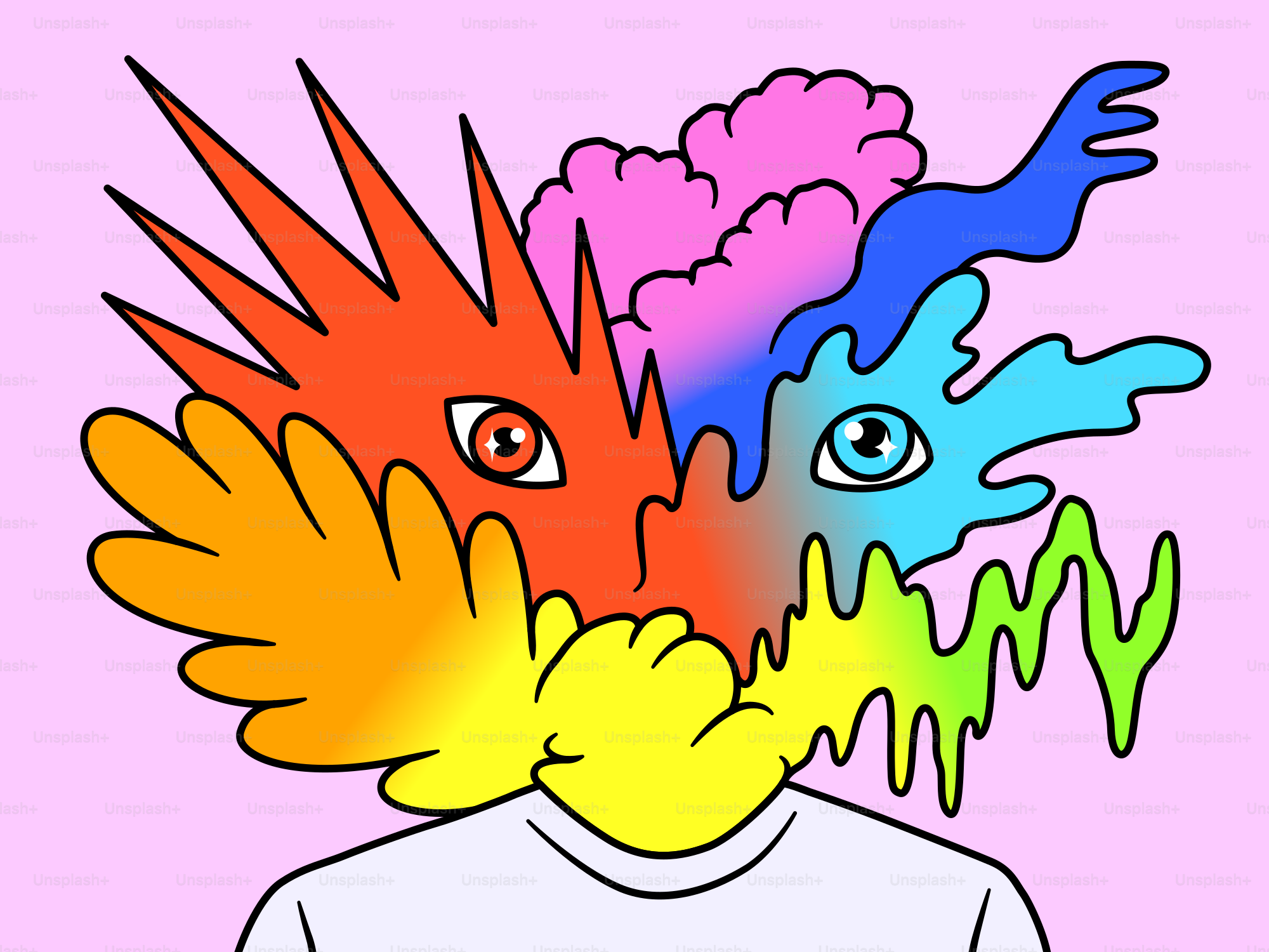Bunte, abstrakte Kunst mit zwei Augen im Gesicht.