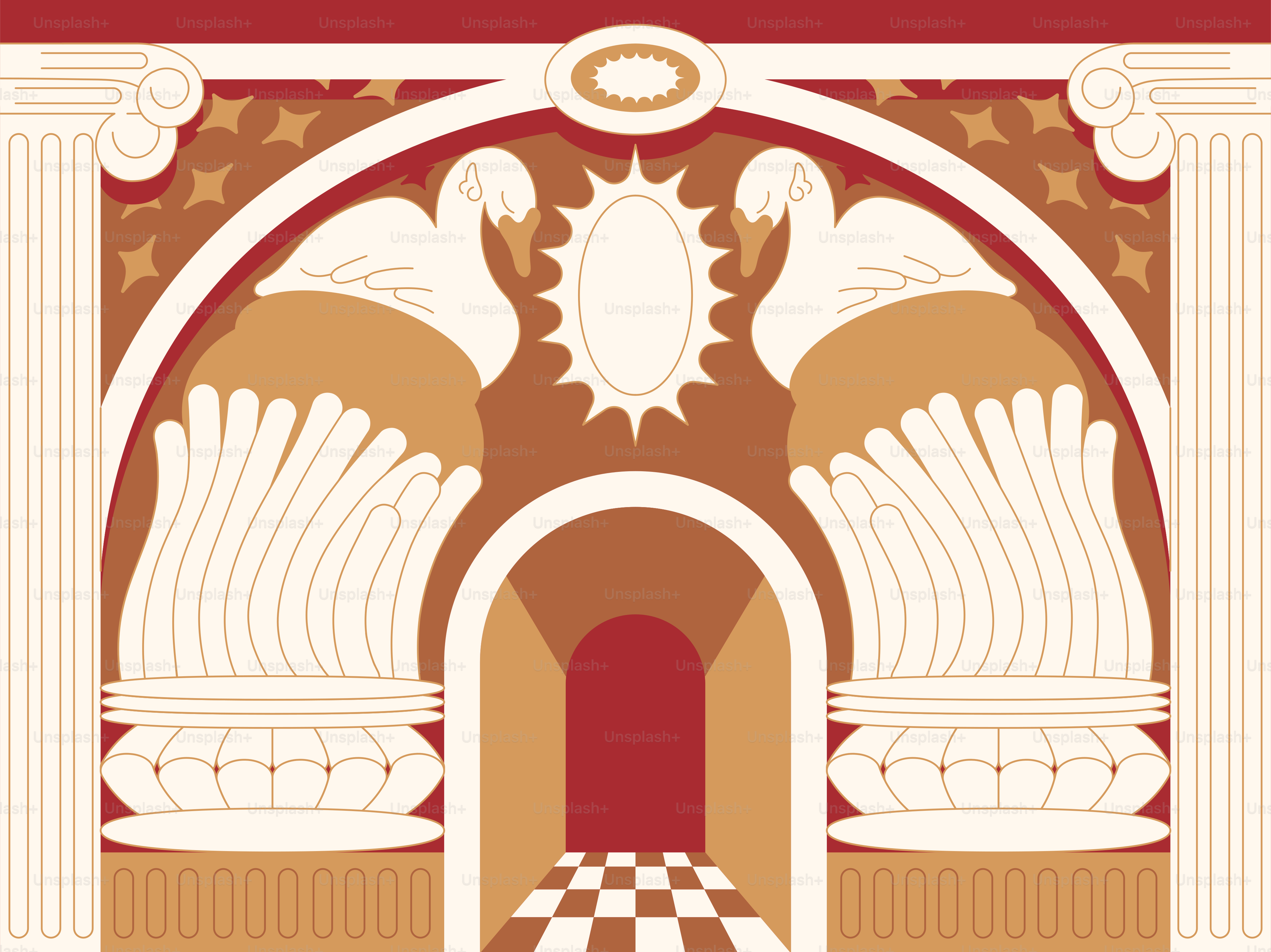 Decorative archway with stylized floral motifs.