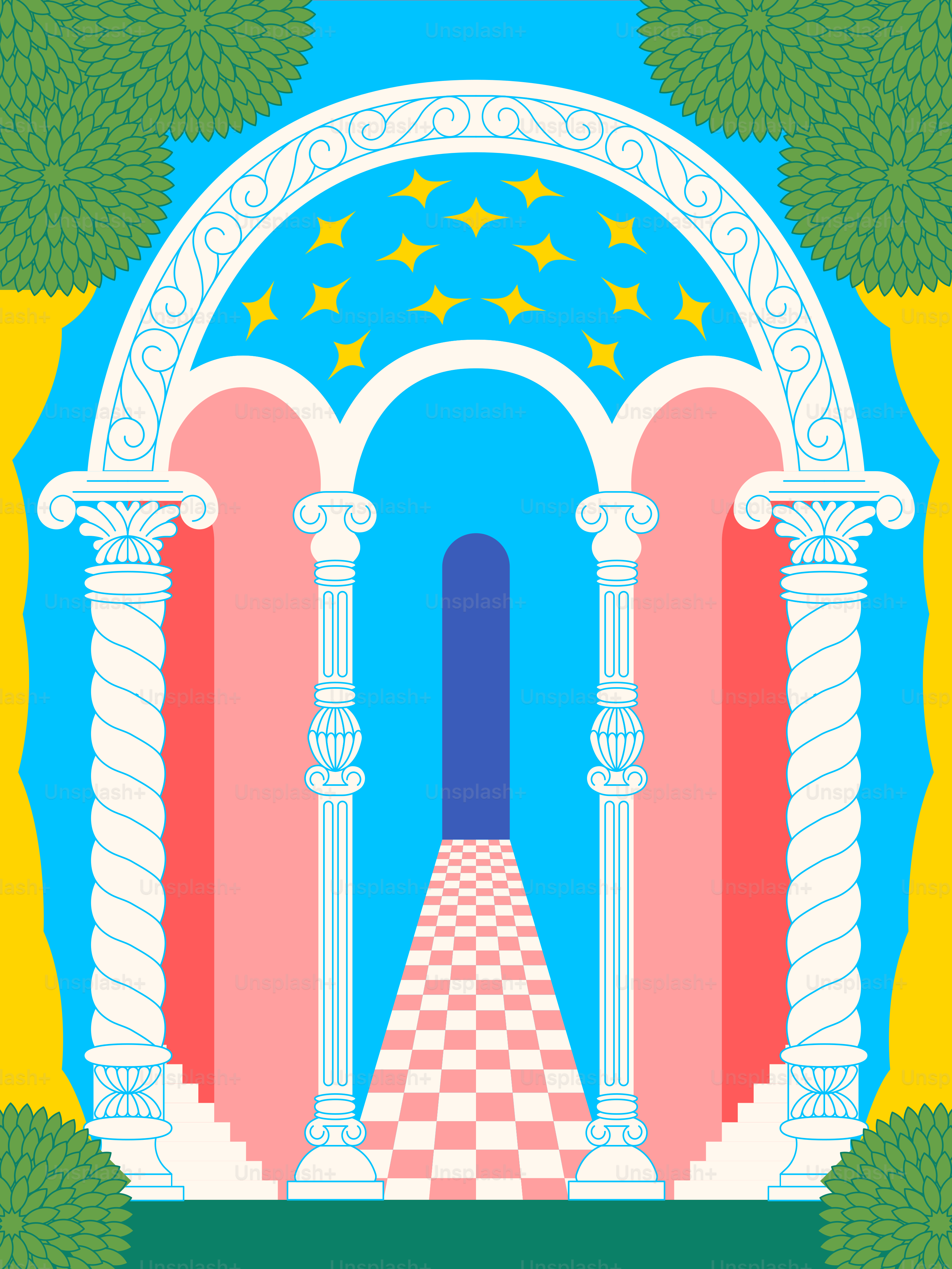 Arched pathway with stars and classical pillars.