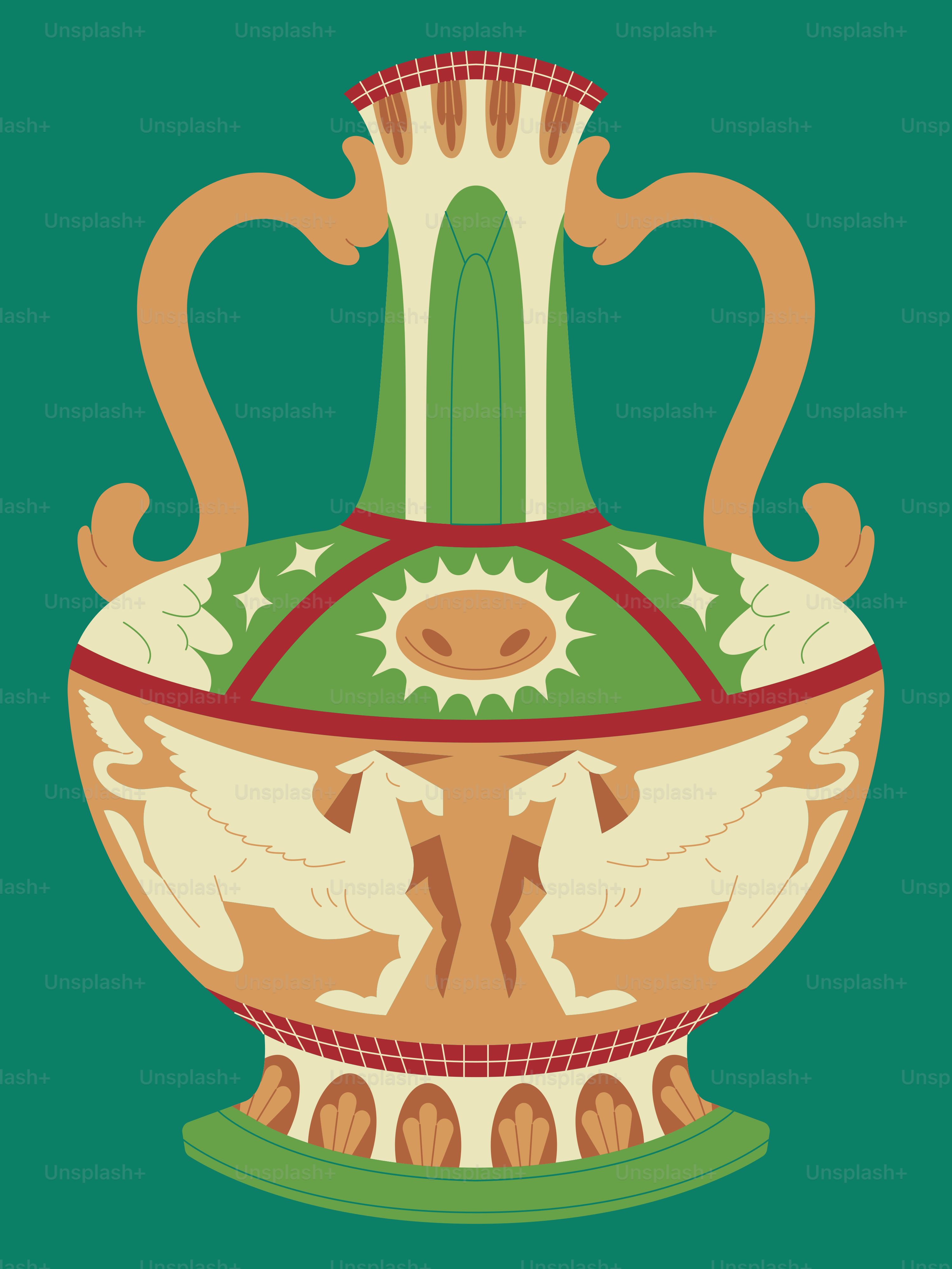 A decorative greek vase displays winged horses.