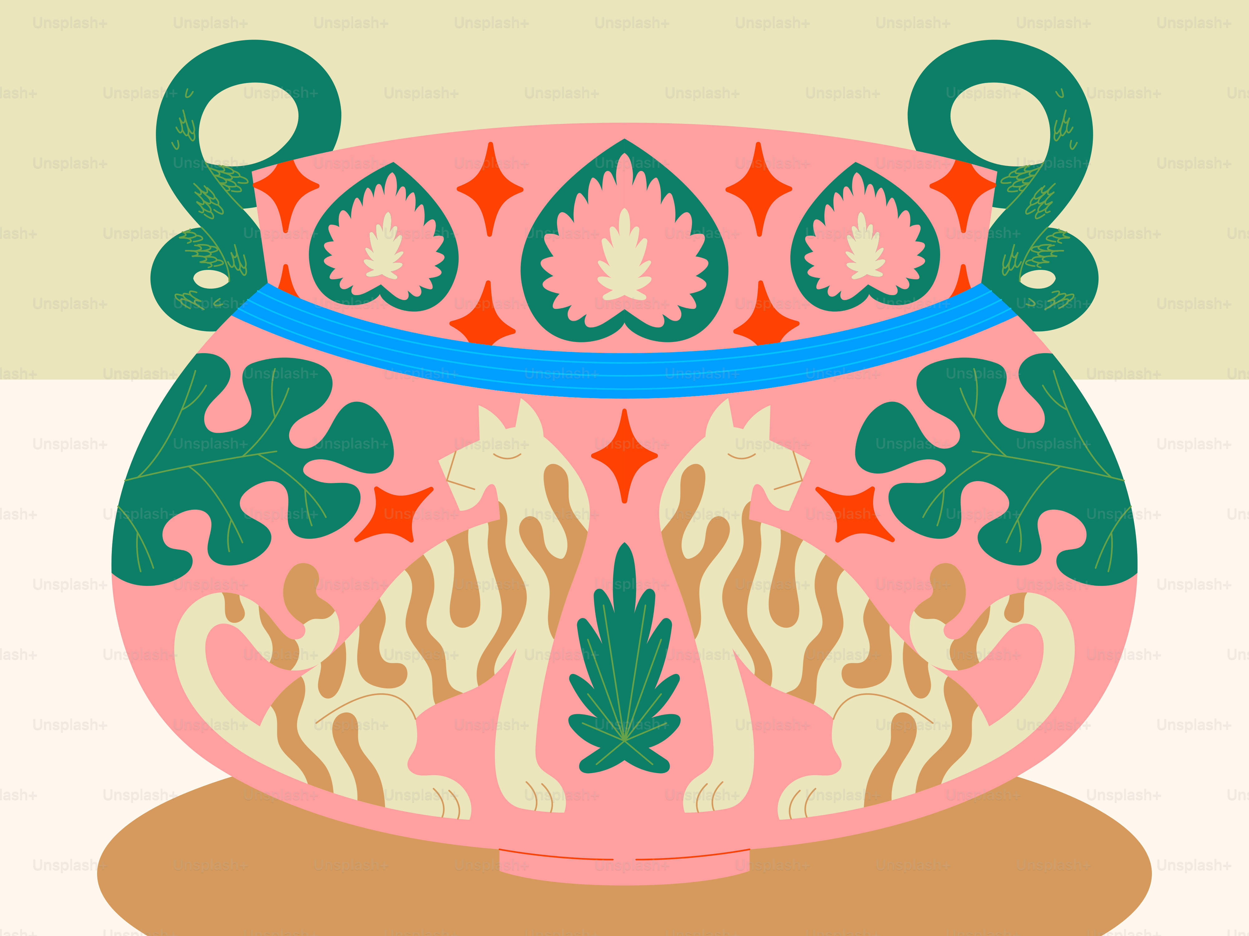 A decorative pink pot with floral and animal designs.