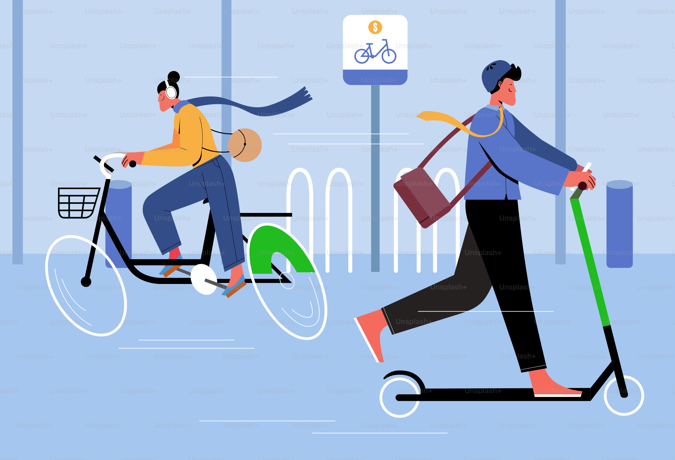 People use bikes and scooters for transportation.