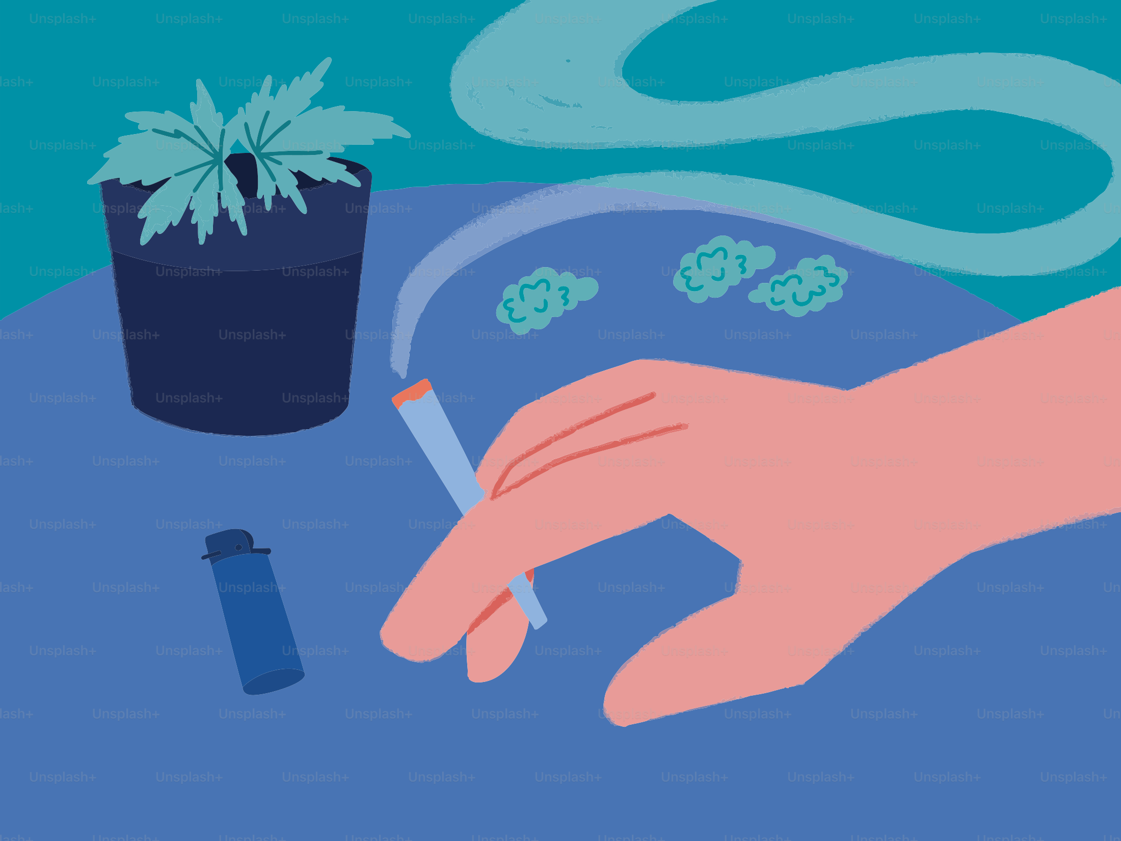 Hand holding a lit joint with pot and plant.