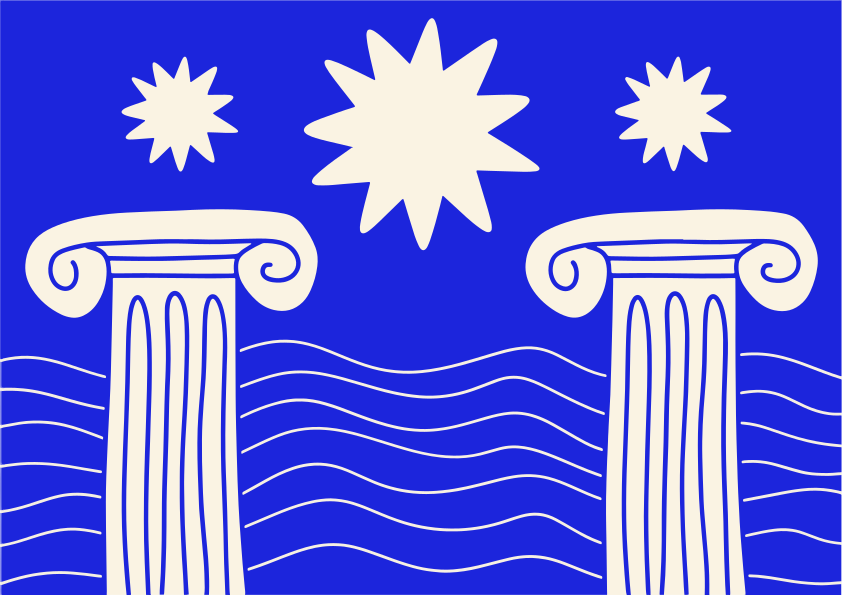 Ancient pillars, stars, and waves on a blue background.