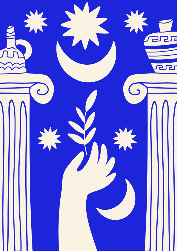 Klassische Kunst mit Monden, Sternen und einer Hand.