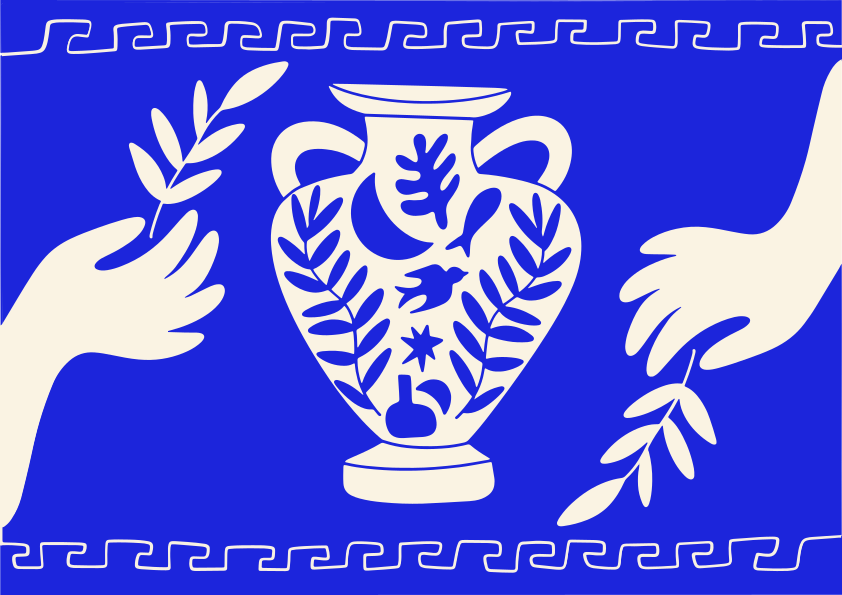 A vase is flanked by hands holding branches.