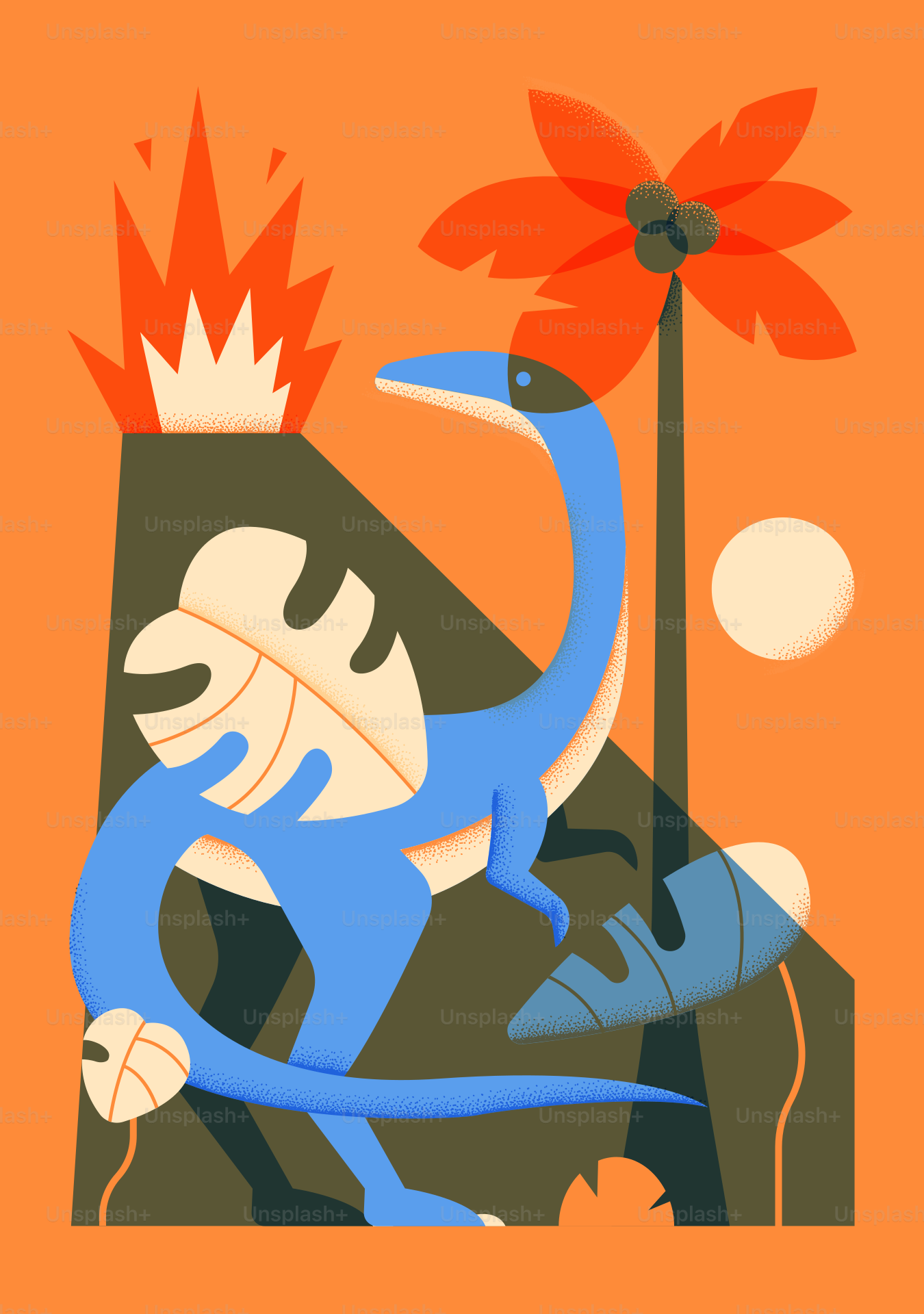 Un dinosauro blu mantiene la calma vicino a un vulcano.