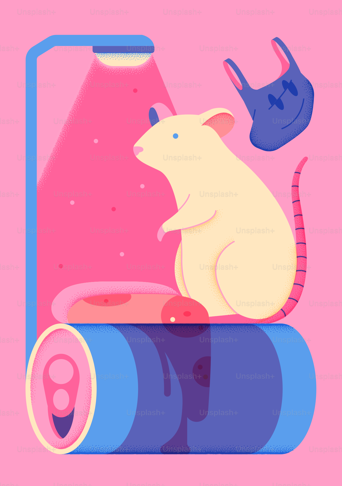 A rat sits atop trash, under a street light.