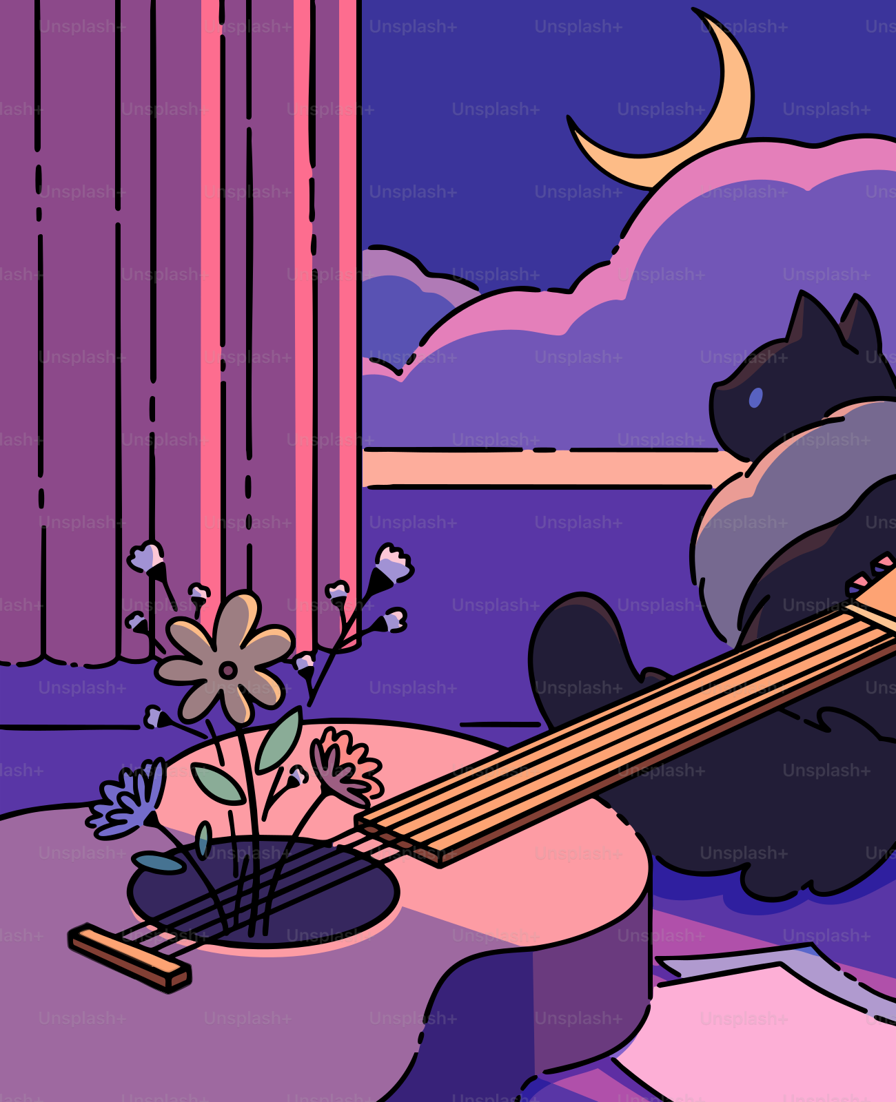 A cat plays guitar under a moonlit sky.