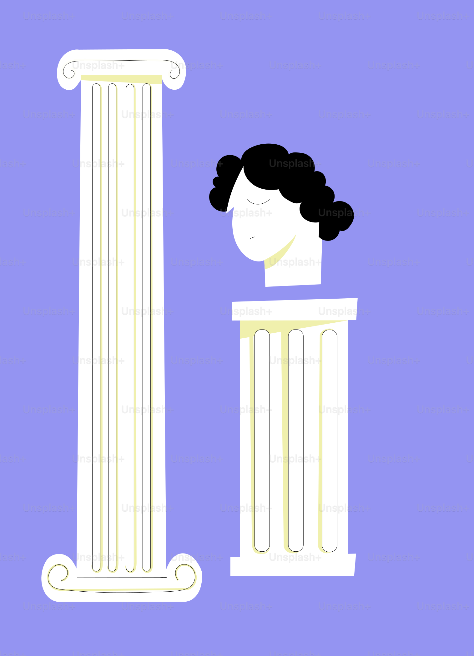 Classical columns and bust on a purple background.
