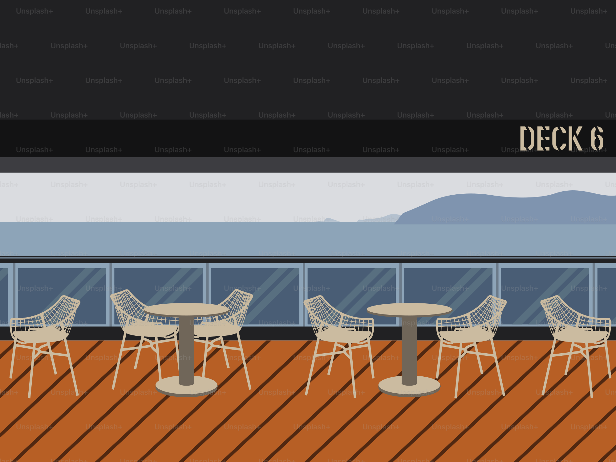 Tables and chairs on a ship's deck.