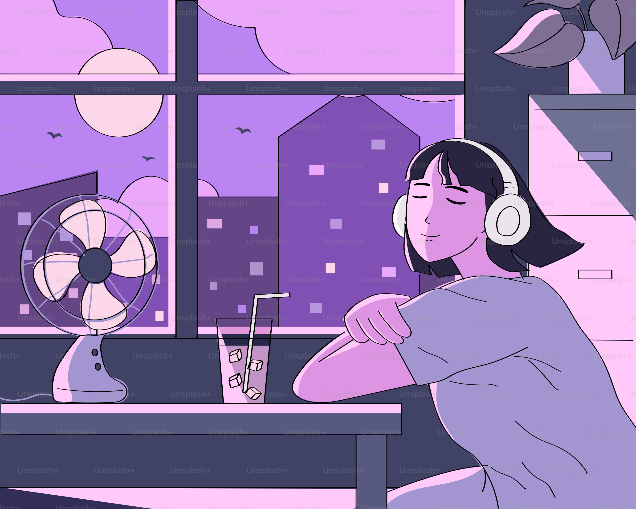 A la mujer le gusta la música pacífica en un ambiente púrpura.