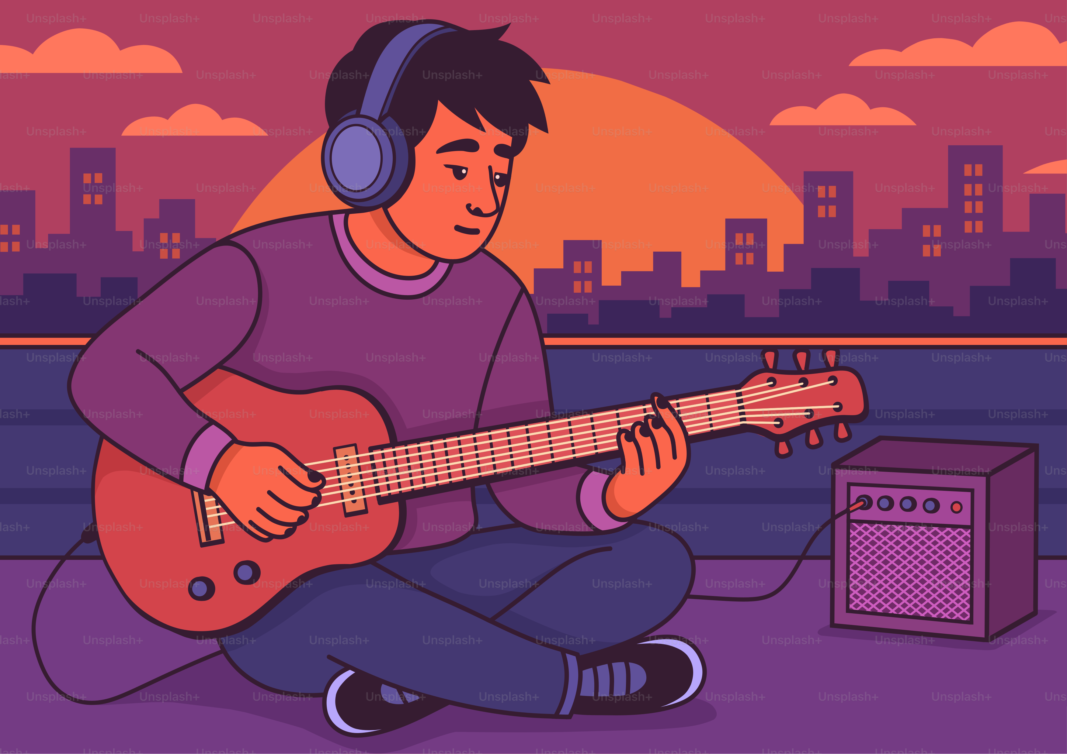 A man plays guitar against a sunset cityscape.