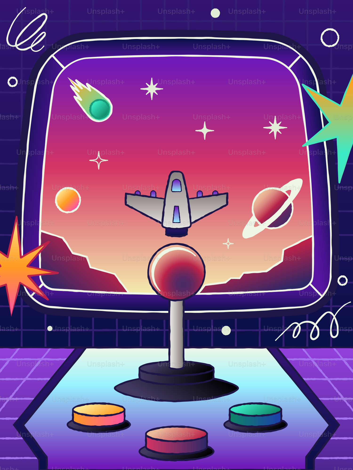 Juego arcade retro con una nave espacial en el espacio.