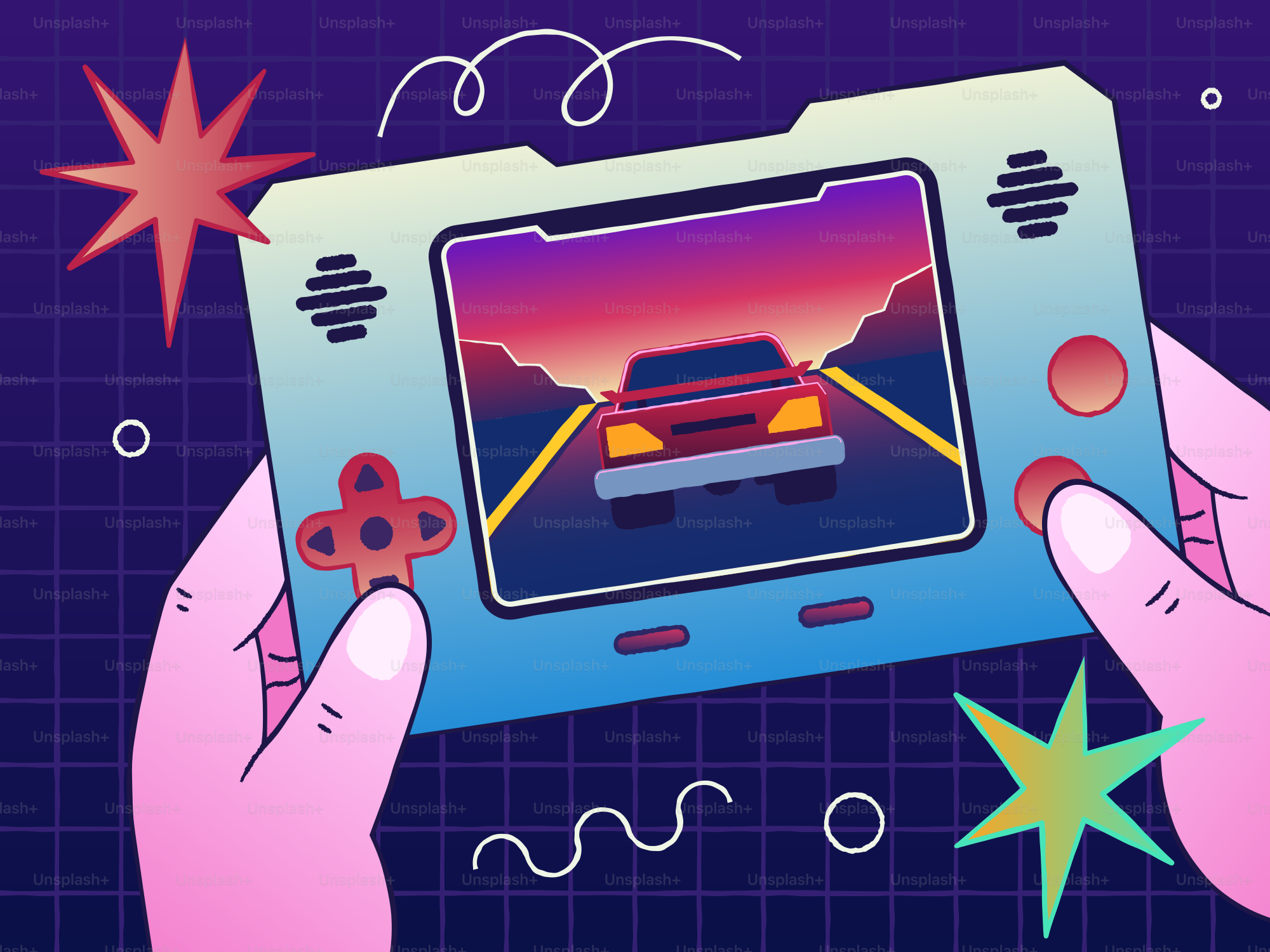 Hands are playing a car racing game on a console.