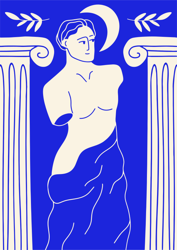 青と白の柱の間に像が立っています。