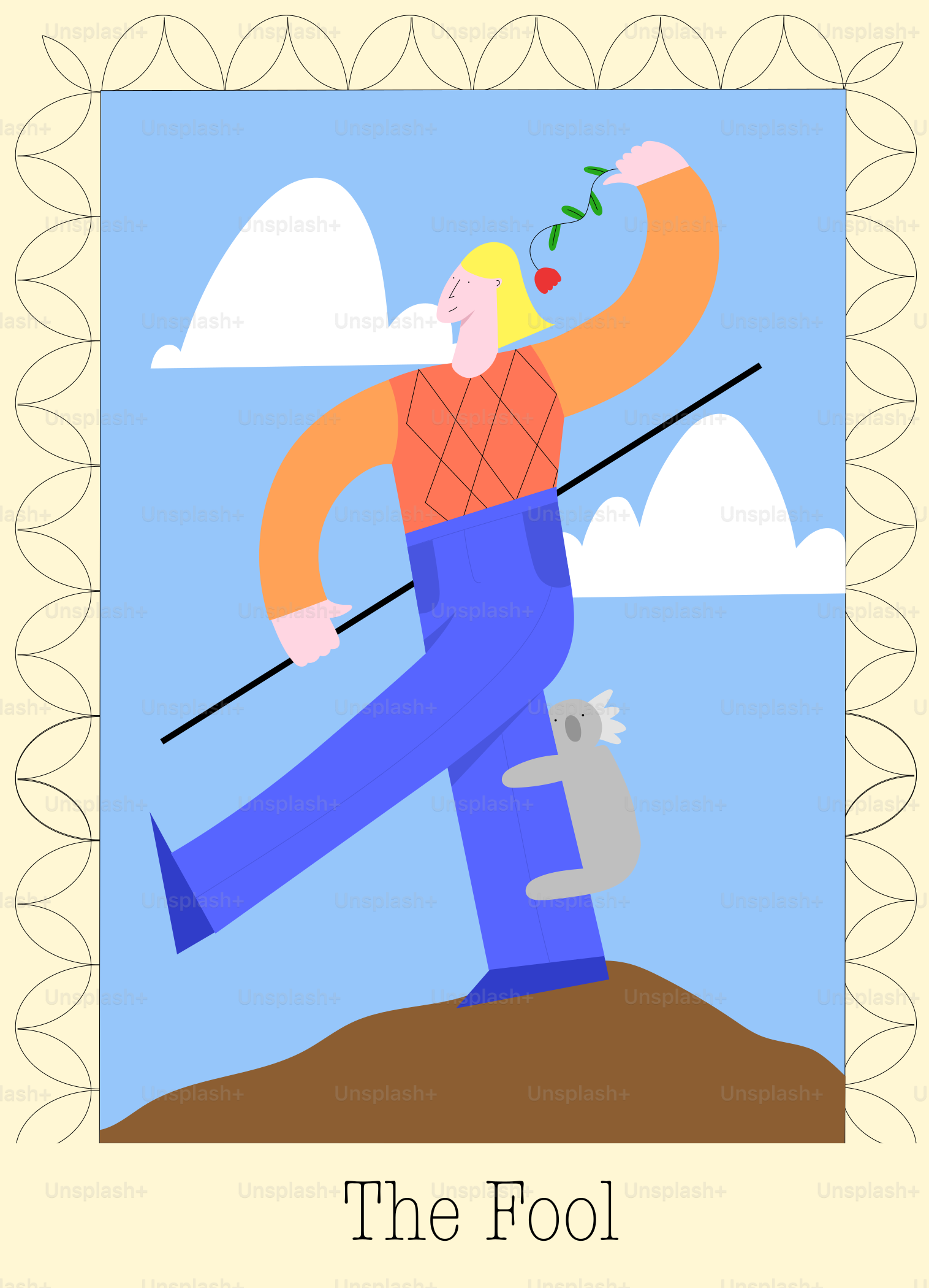 The fool walks with optimism, a koala hangs on.