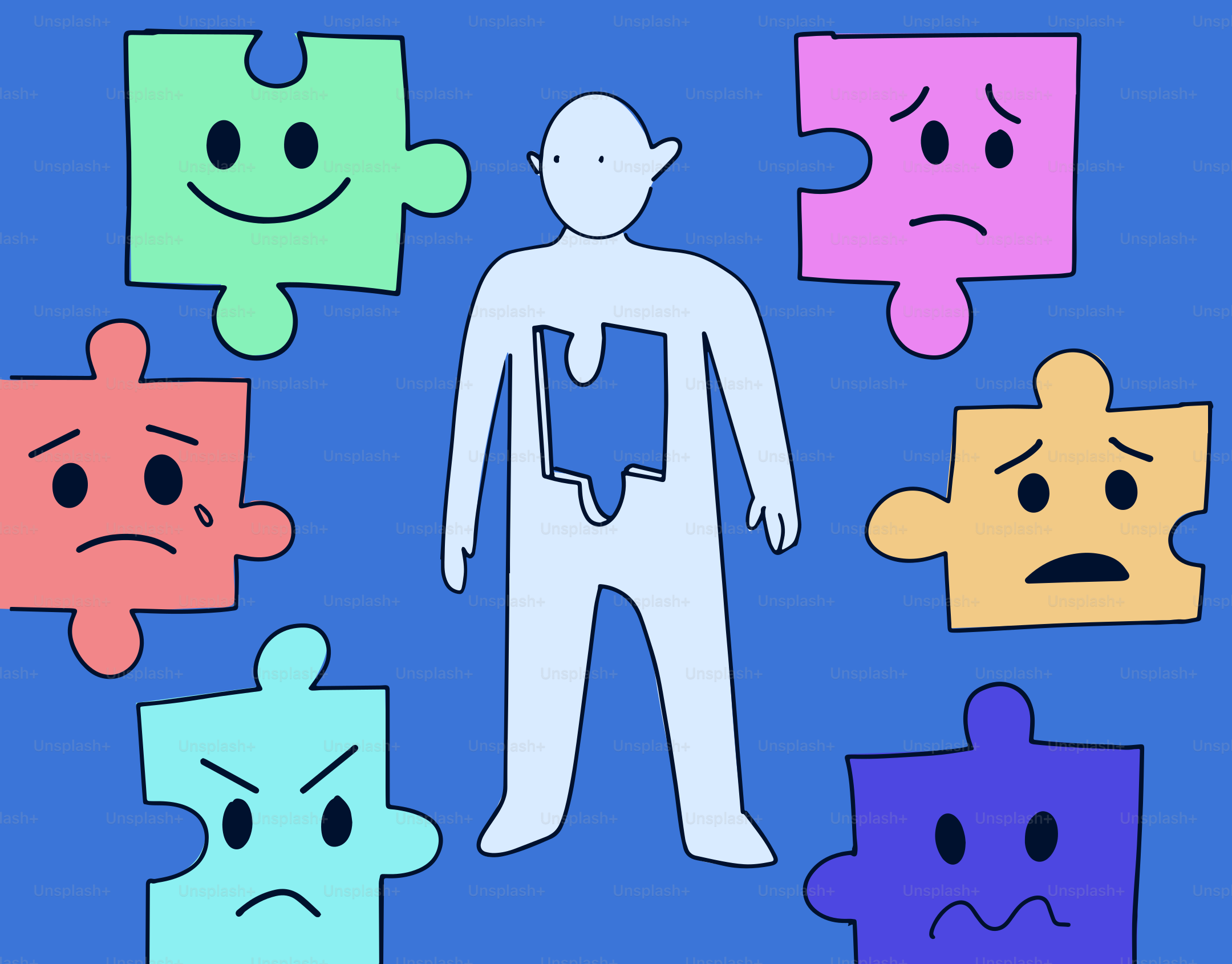 A person's emotions are represented by puzzle pieces.