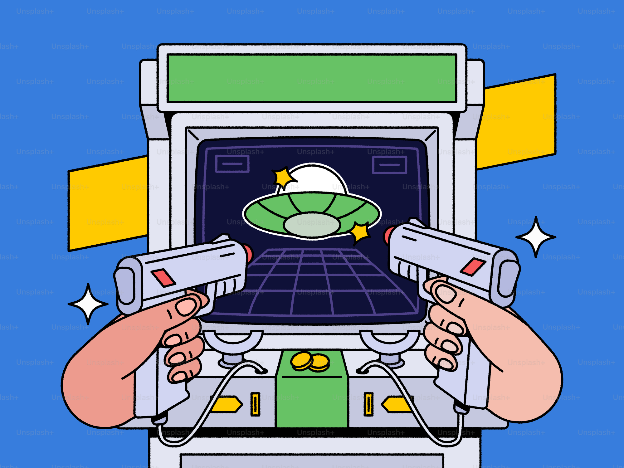 Playing a space shooter arcade game.