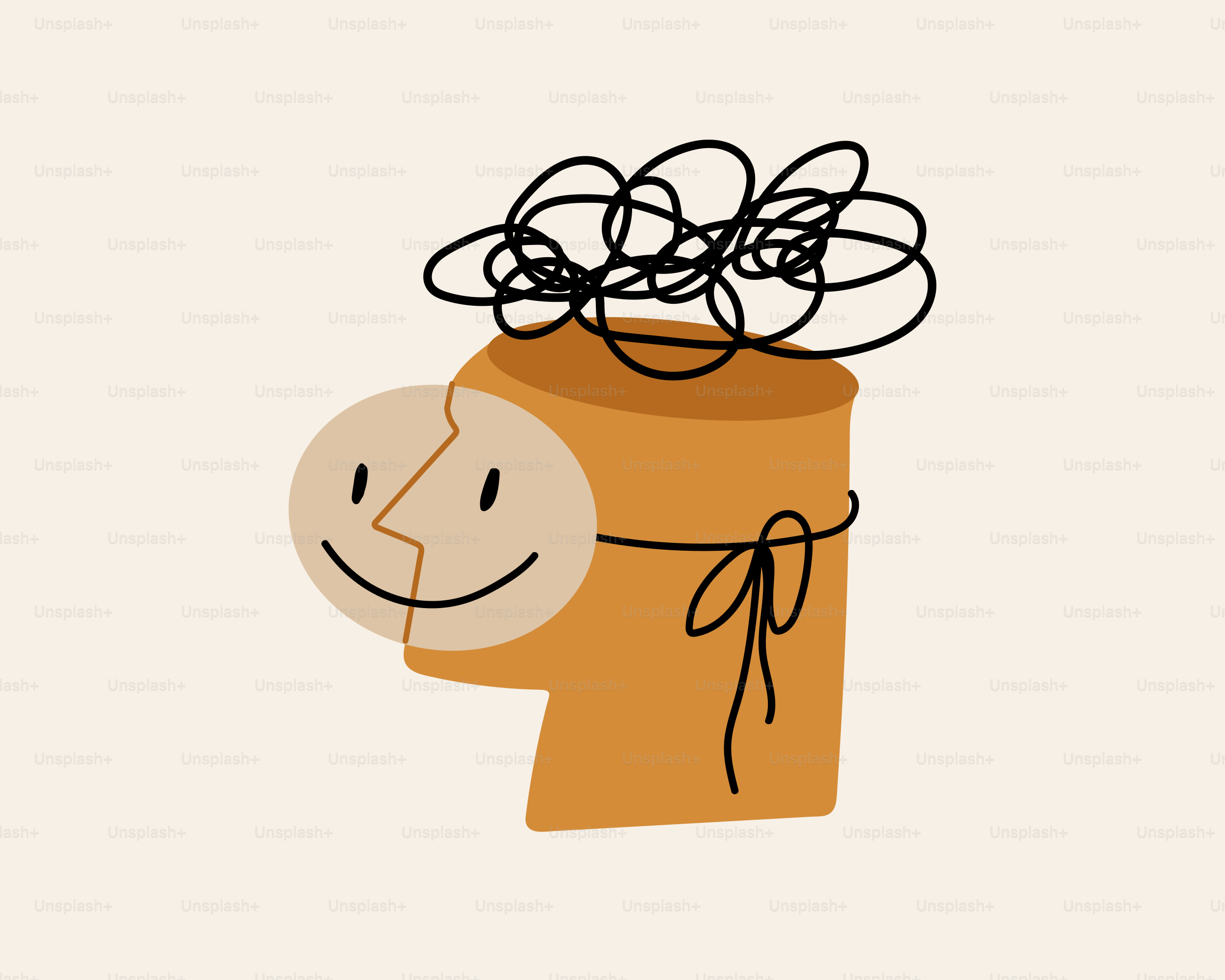 A drawn head with a smiling face and scribbles.