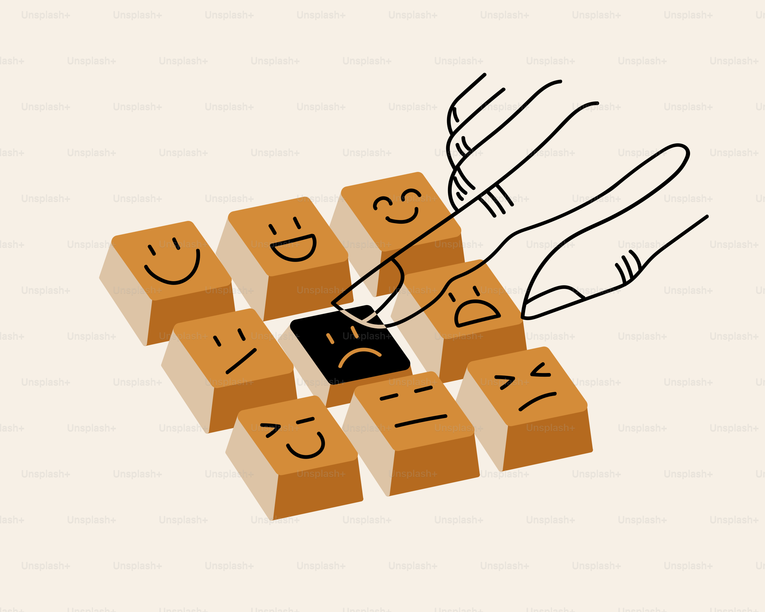 A hand picks a sad face from many happy ones.