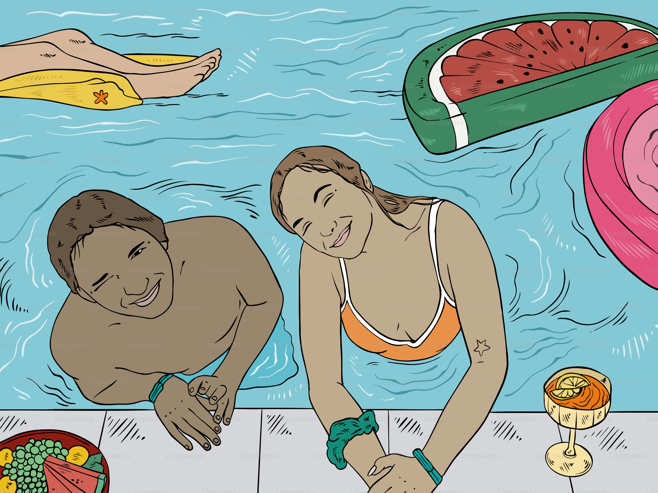 Die Leute entspannen sich in einem Pool mit Schwimmern und Getränken.