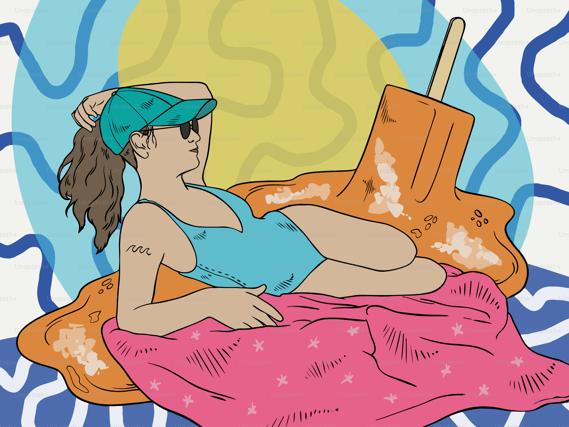 Eine Frau entspannt sich am Strand mit einem schmelzenden Eis am Stiel am Stiel.