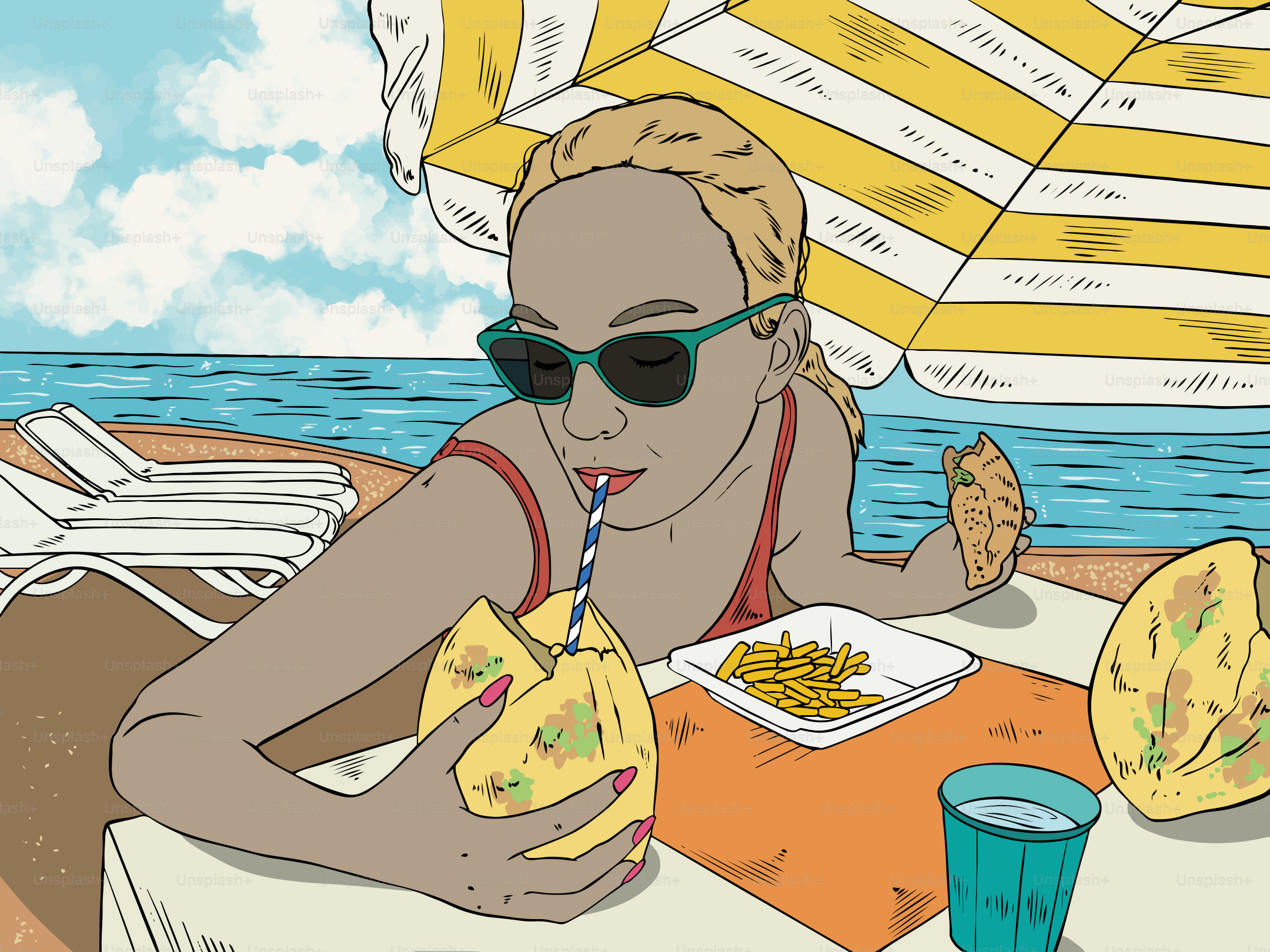Frau genießt Getränke und Snacks im Strandurlaub.
