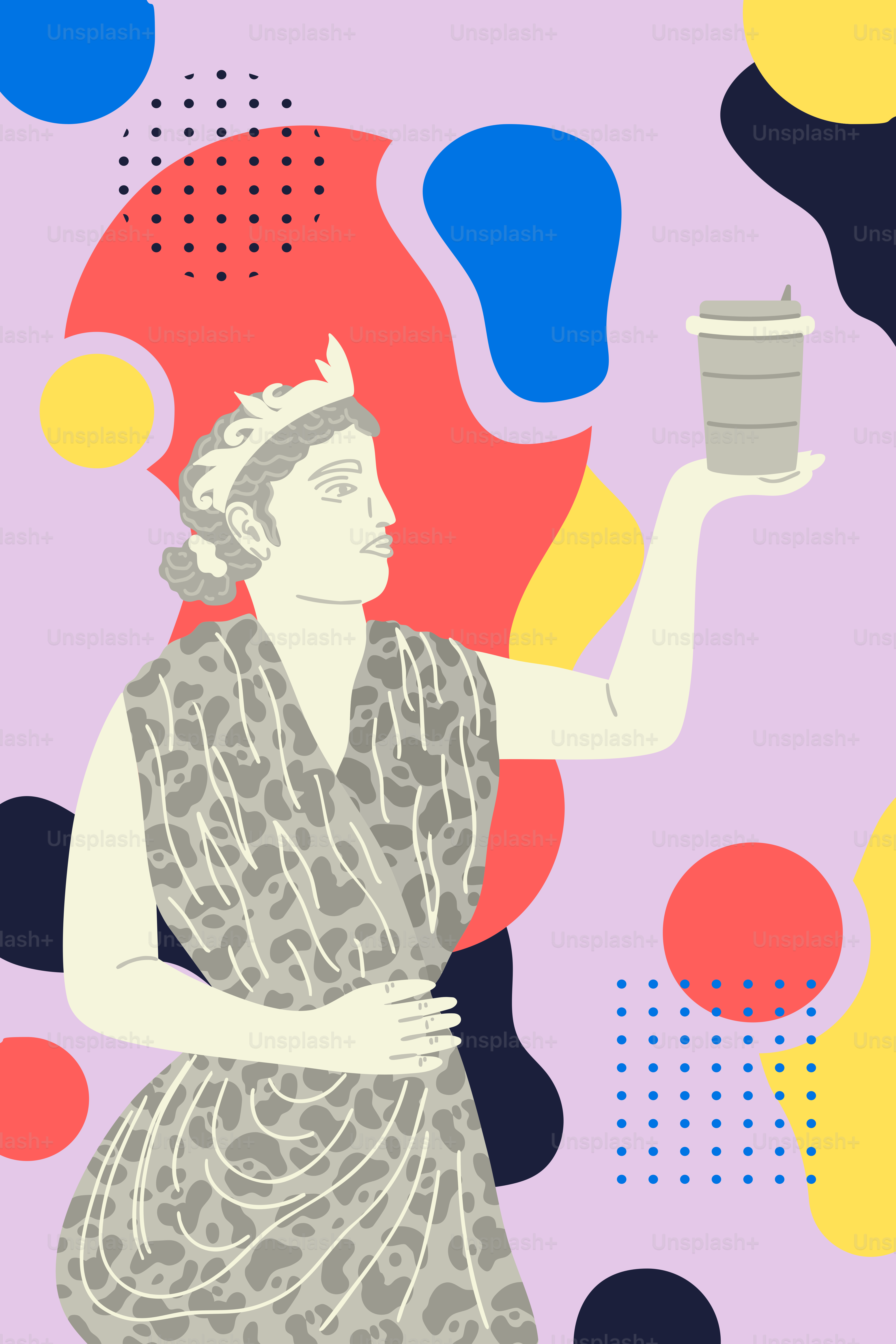 像がコーヒーカップを持ち、色とりどりの形が描かれています