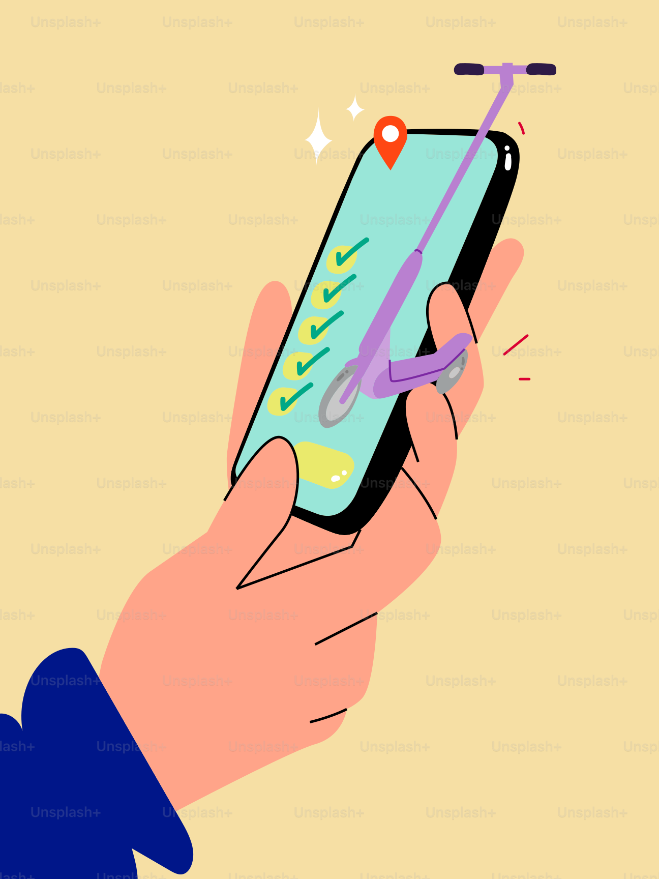 Phone displays electric scooter and check marks.