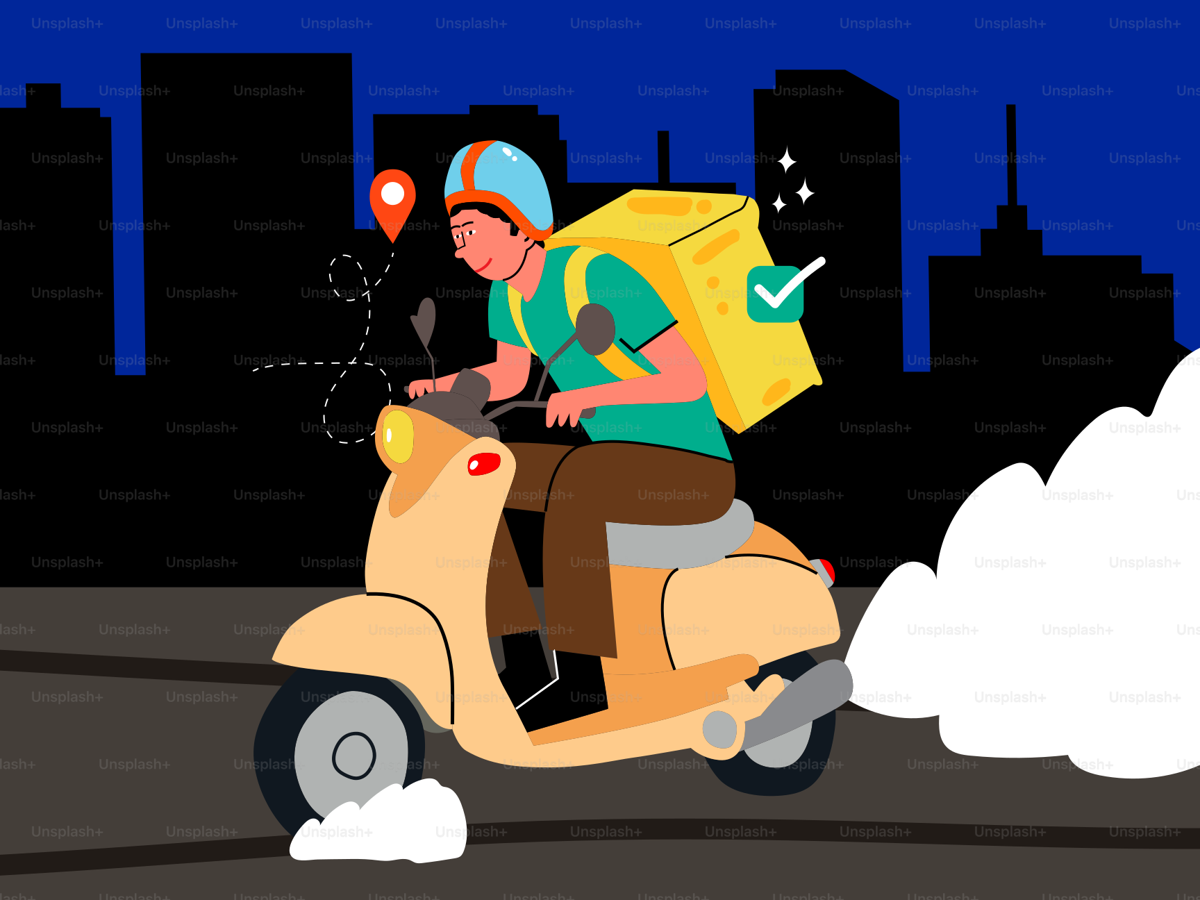 Delivery rider on scooter making a night delivery.